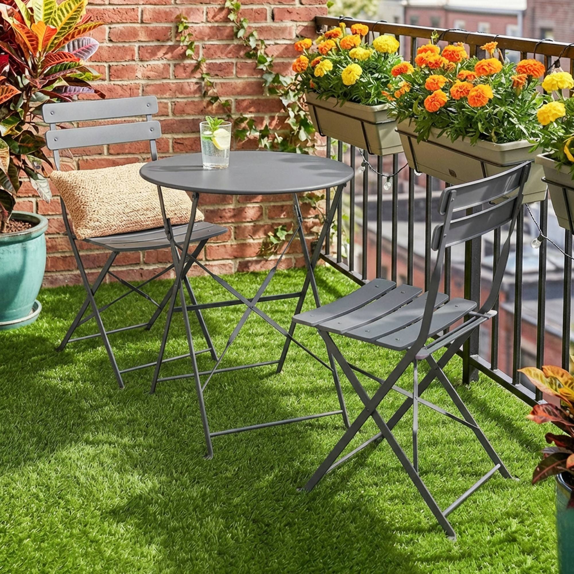 Ensemble de Bistrot Jardin 3 Pièces Table et 2 Chaises Pliantes avec Double Protection Anti-Rouille Métal Gris - Image 4
