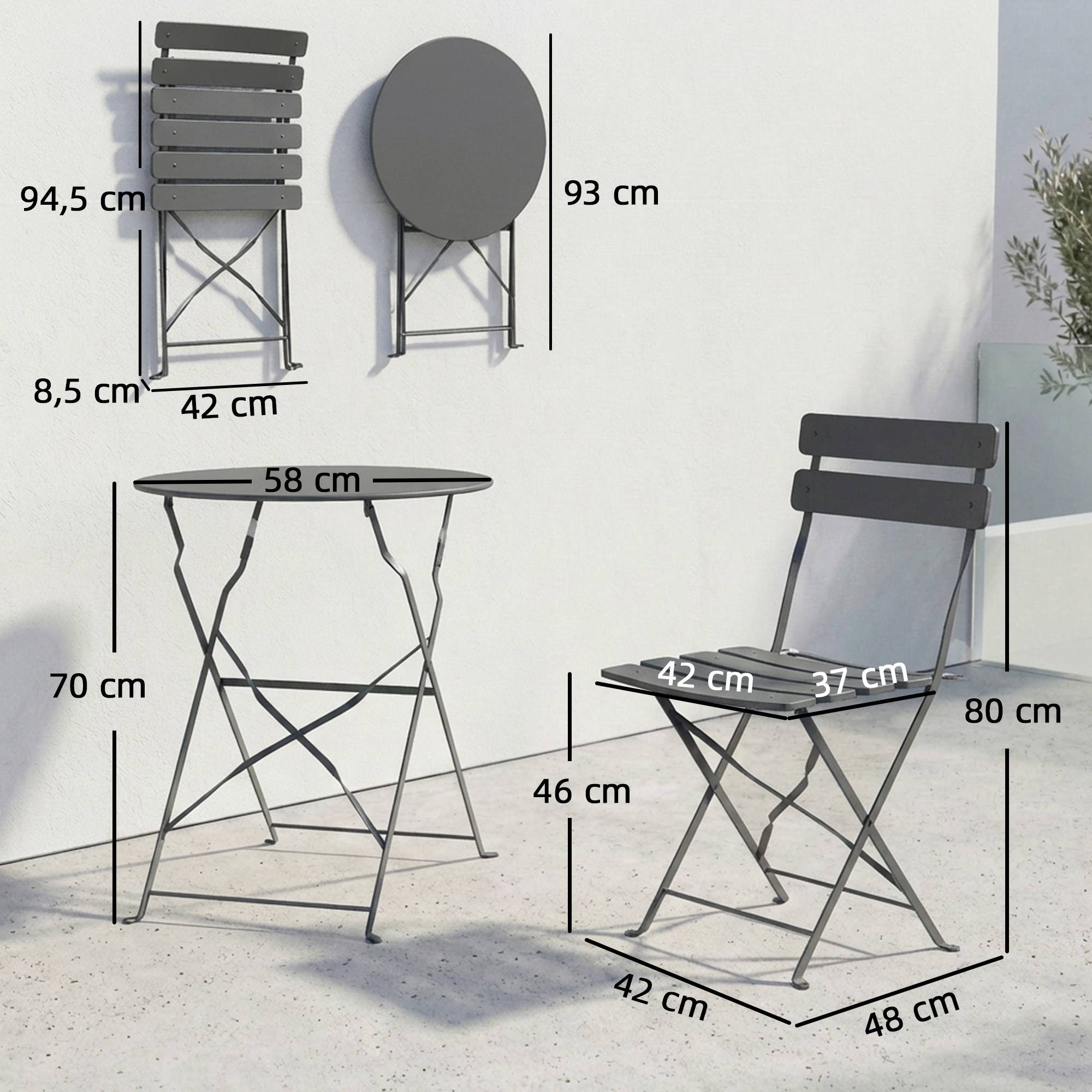 Ensemble de Bistrot Jardin 3 Pièces Table et 2 Chaises Pliantes avec Double Protection Anti-Rouille Métal Gris - Image 5