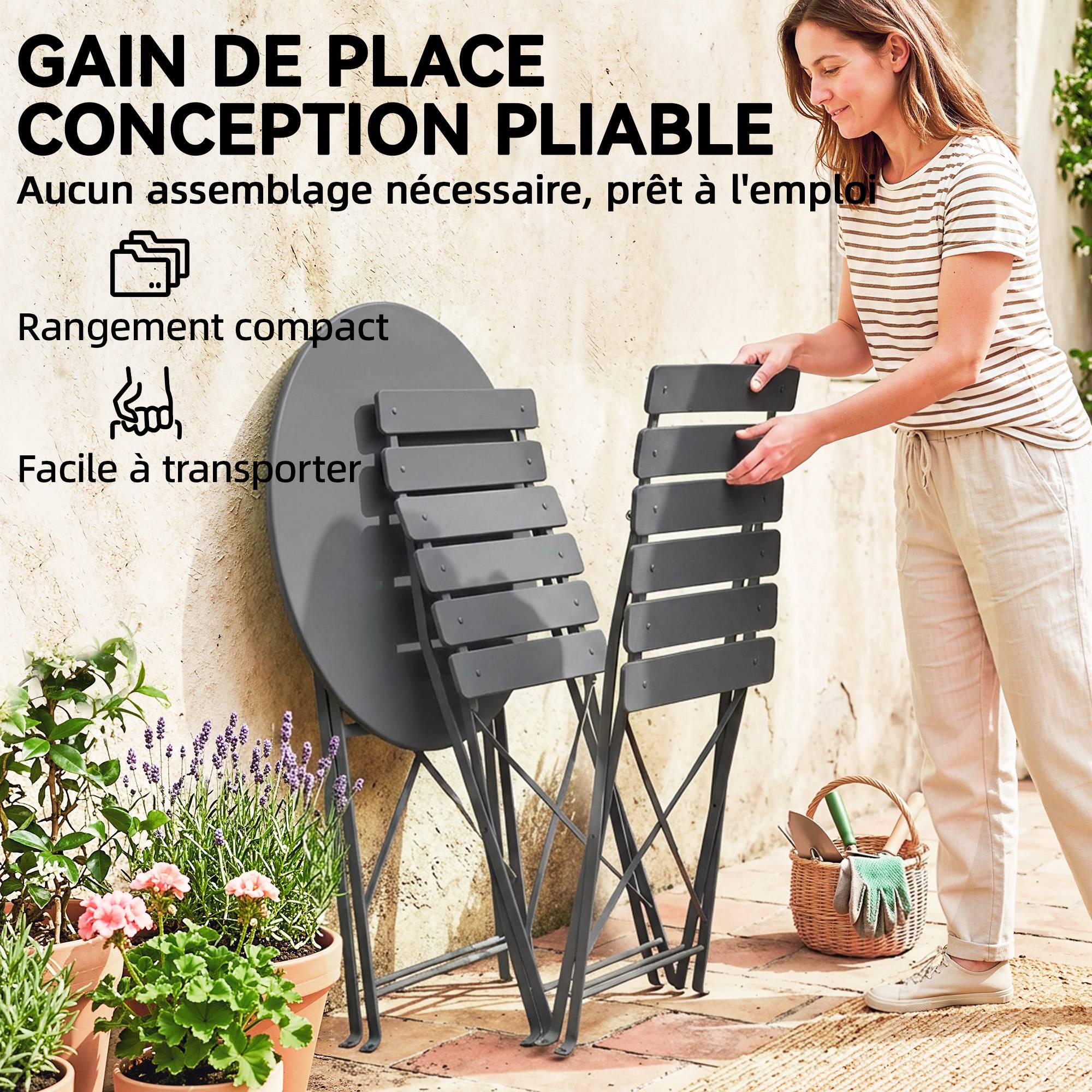 Ensemble de Bistrot Jardin 3 Pièces Table et 2 Chaises Pliantes avec Double Protection Anti-Rouille Métal Gris - Image 8