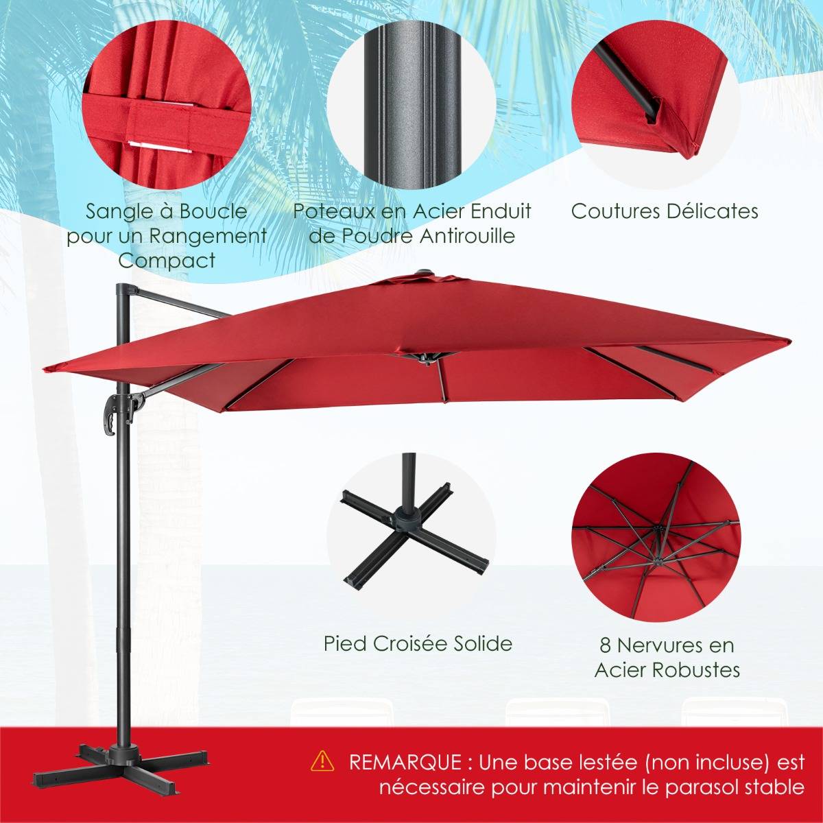 Parasol Déporté Inclinable 3x3M avec Base Croisée Rotation à 360° Manivelle 8 Baleines Event pour Jardin Terrasse Vin-Rouge - Image 3