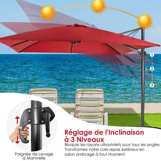 Parasol Déporté Inclinable 3x3M avec Base Croisée Rotation à 360° Manivelle 8 Baleines Event pour Jardin Terrasse Vin-Rouge - Image 4
