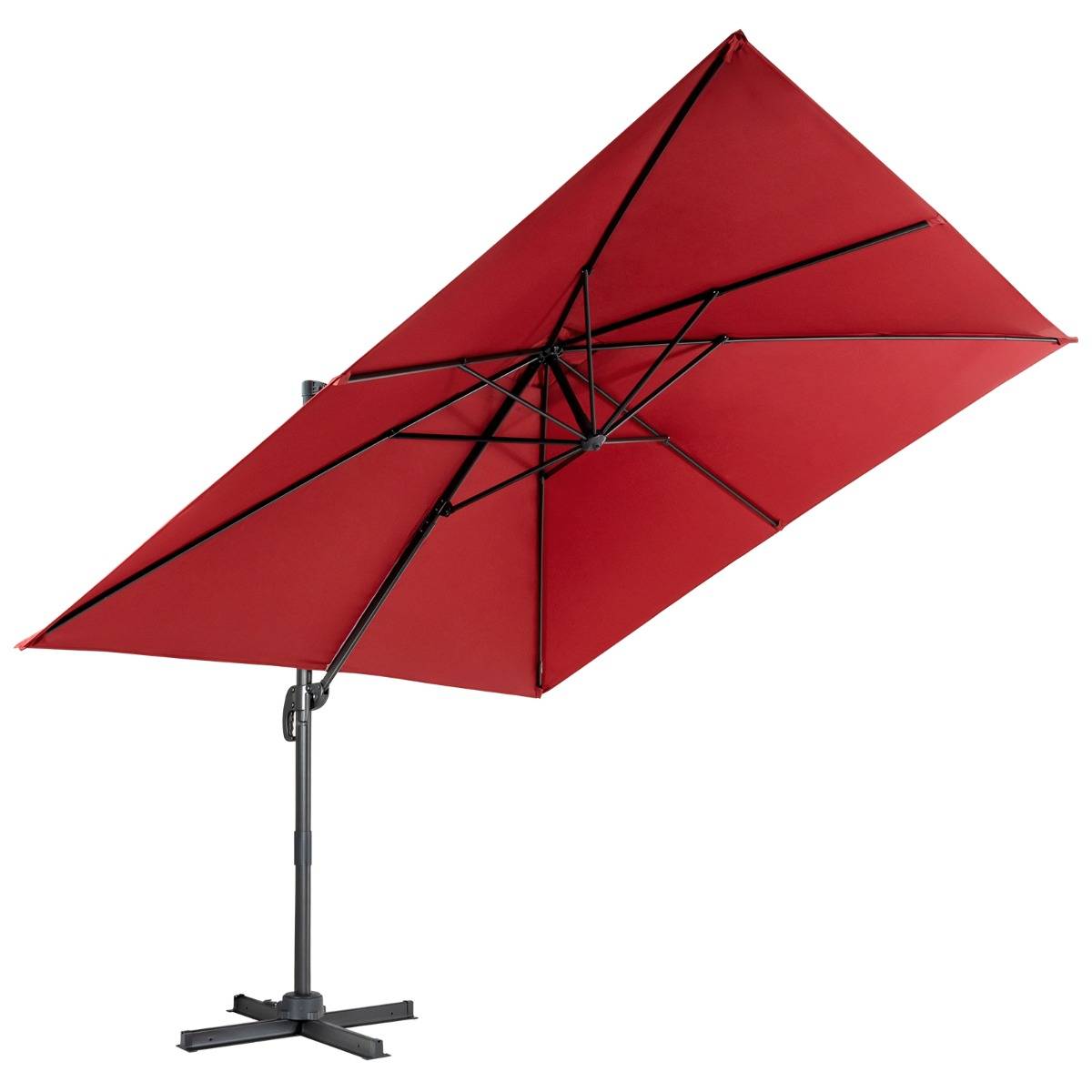 Parasol Déporté Inclinable 3x3M avec Base Croisée Rotation à 360° Manivelle 8 Baleines Event pour Jardin Terrasse Vin-Rouge - Image 1