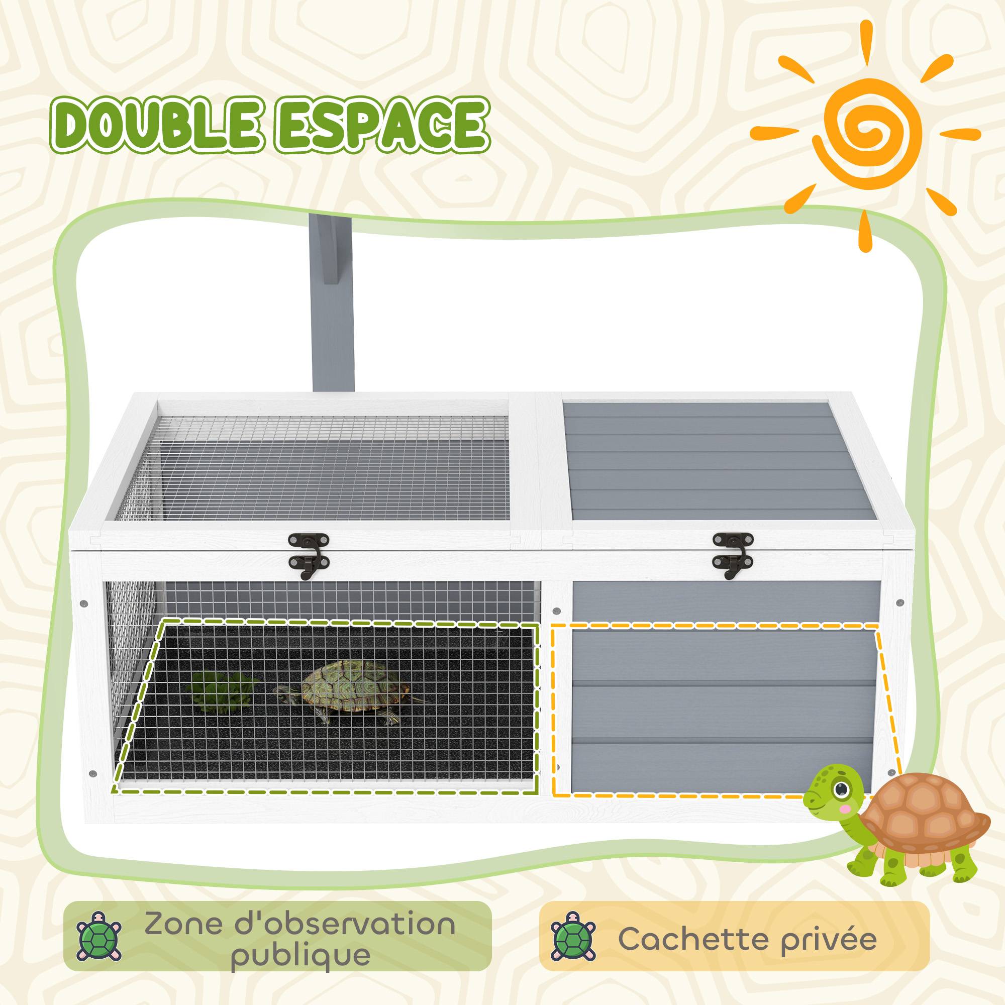 Maison enclos cage pour petit animal tortue avec 2 espaces support de lampe 81 x 48 x 31,5 cm gris - Image 6