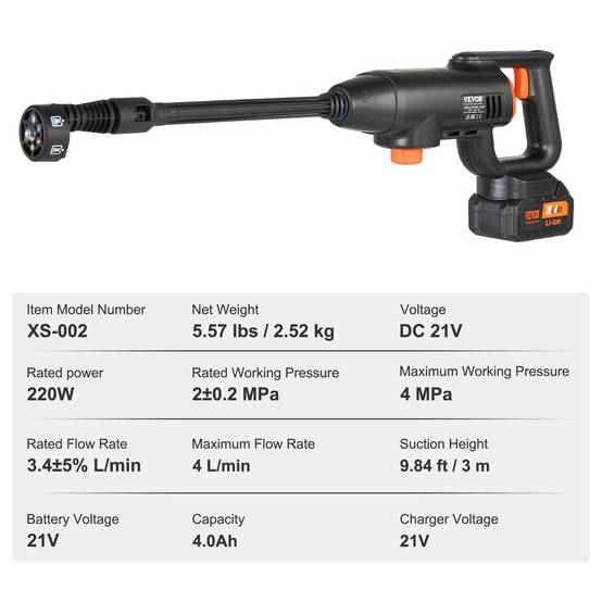 VEVOR Nettoyeur haute pression sans fil 21V, 580 PSI, 4 L/min, batterie 4.0Ah, pour terrasse/voiture. - Image 7