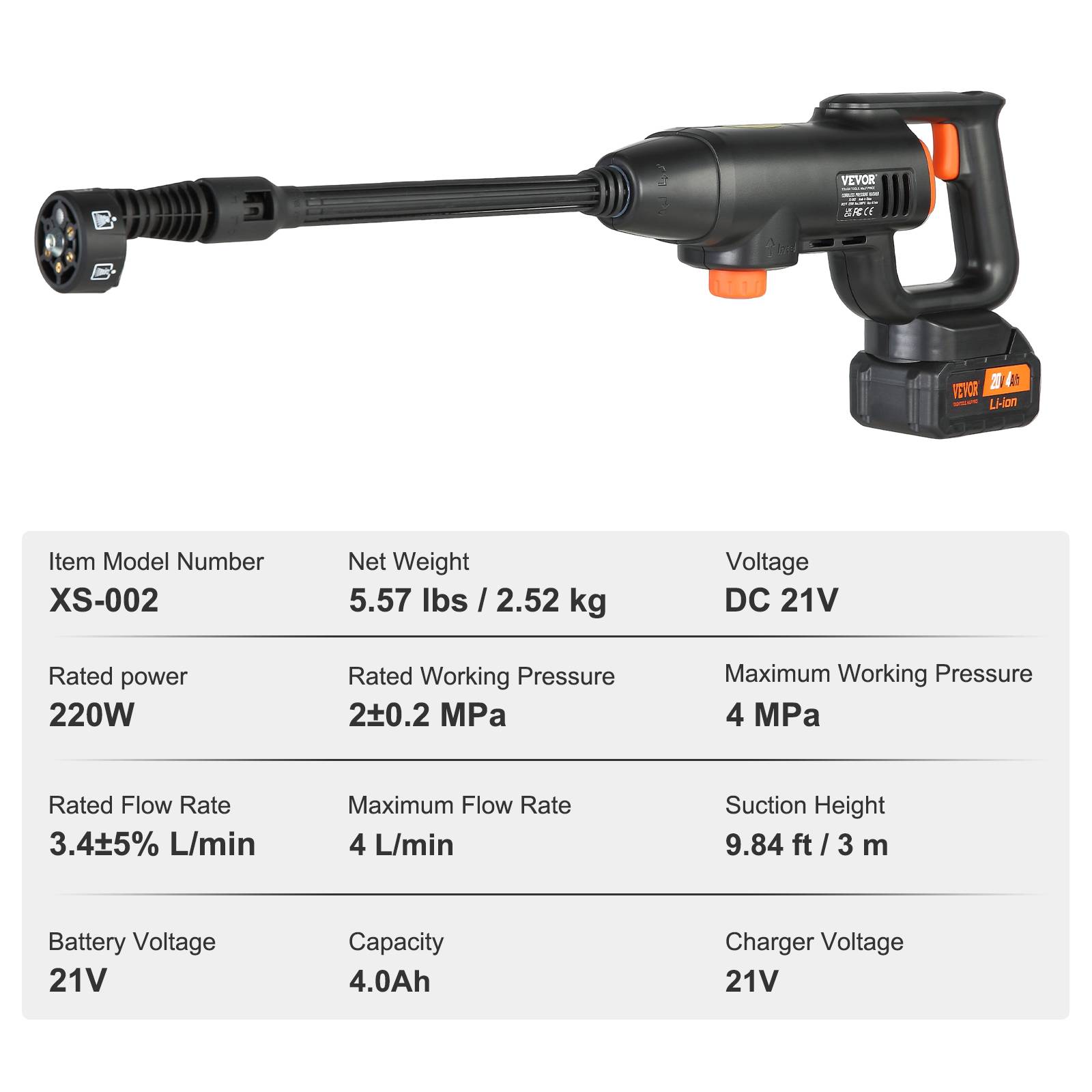 VEVOR Nettoyeur haute pression sans fil 21V, 580 PSI, 4 L/min, batterie 4.0Ah, pour terrasse/voiture. - Image 7