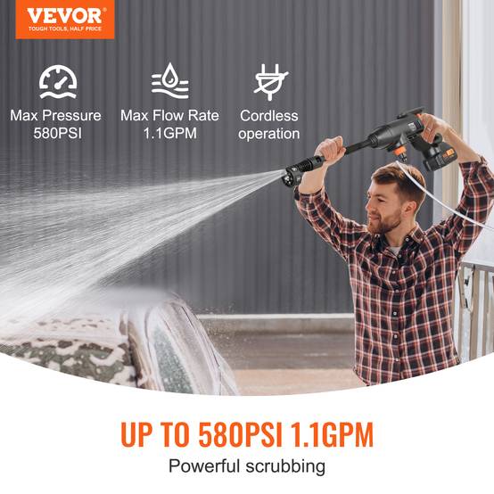 VEVOR Nettoyeur haute pression sans fil 21V, 580 PSI, 4 L/min, batterie 4.0Ah, pour terrasse/voiture. - Image 2