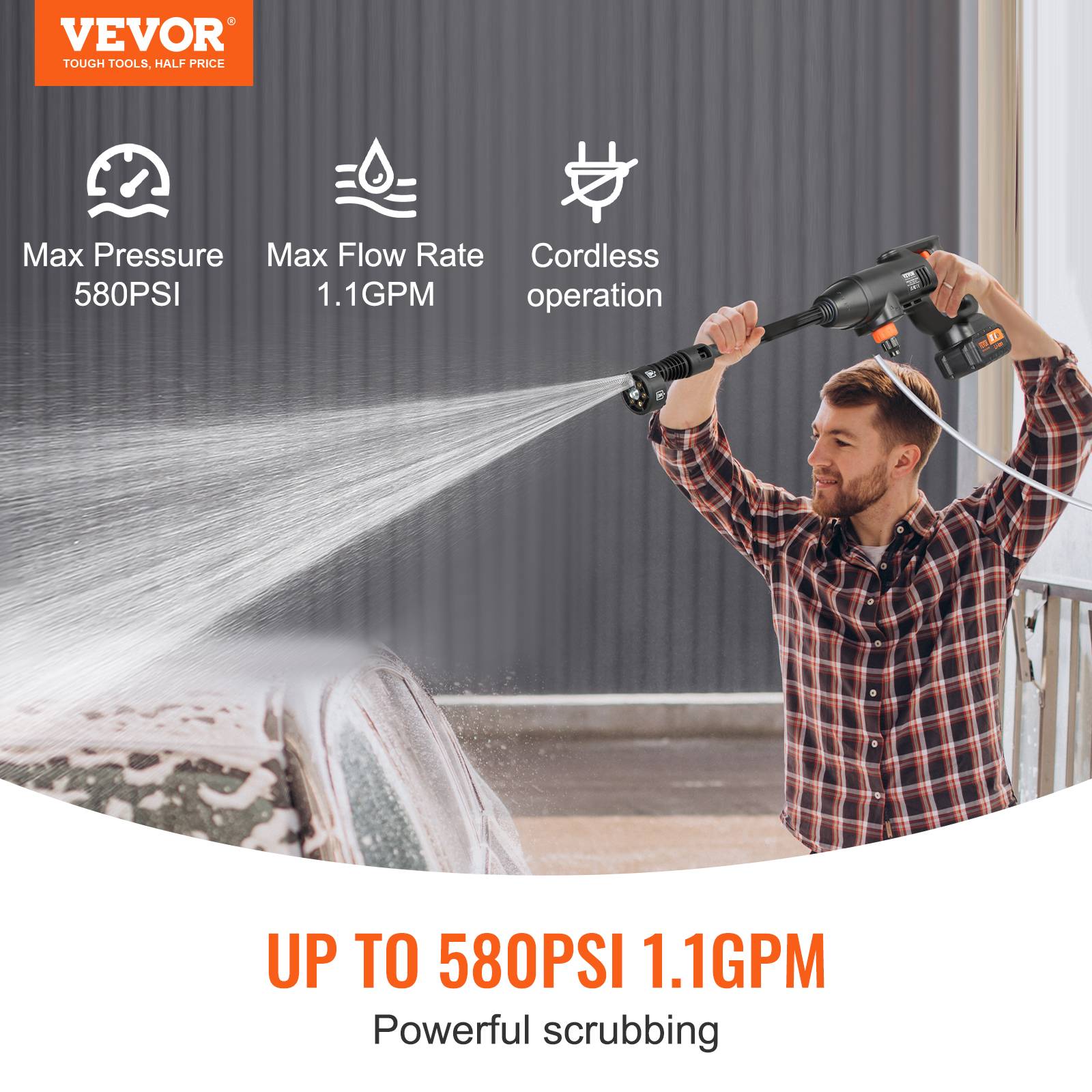 VEVOR Nettoyeur haute pression sans fil 21V, 580 PSI, 4 L/min, batterie 4.0Ah, pour terrasse/voiture. - Image 2