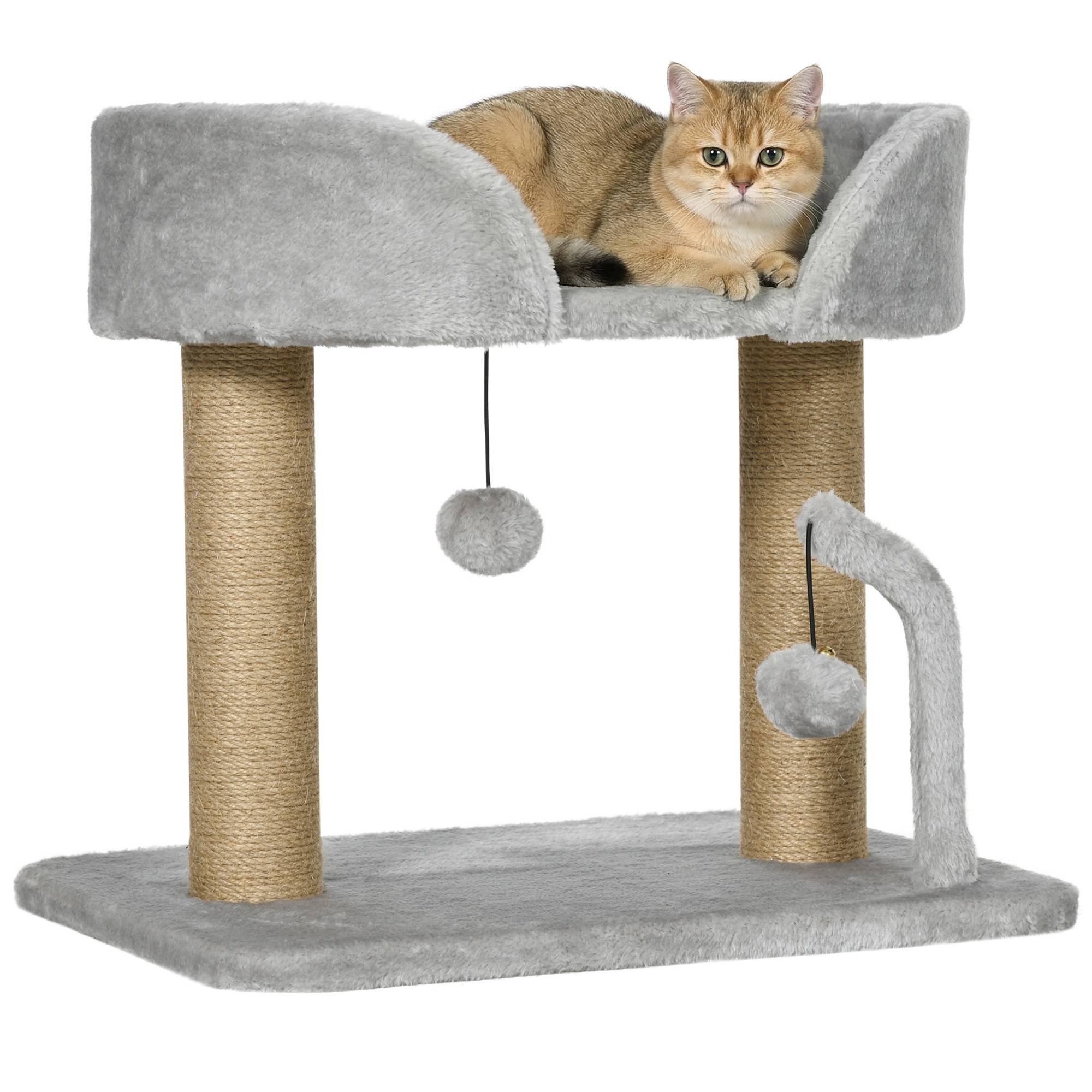 Sans Marque - Arbre à chat design griffoir jouet 2 pompons poteaux jute plateforme peluche 48 x 38 x 42 cm gris - Image 1