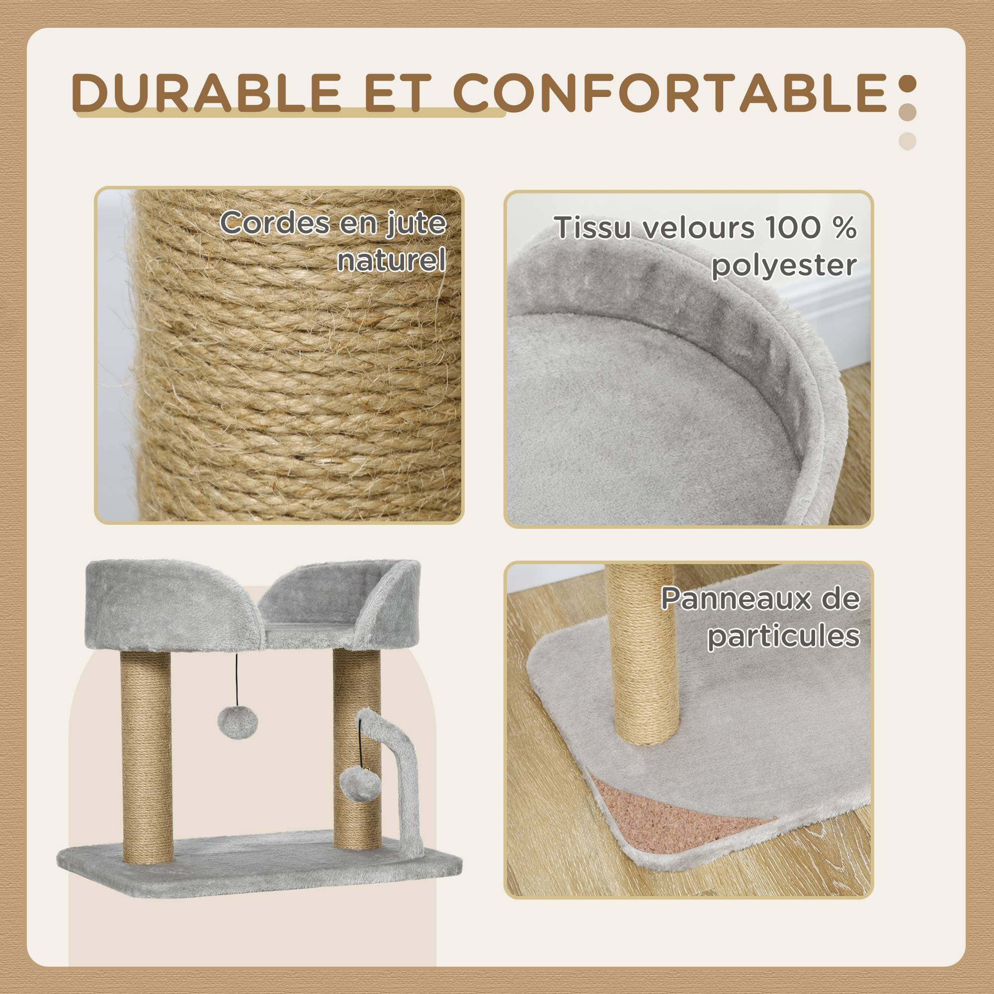 Sans Marque - Arbre à chat design griffoir jouet 2 pompons poteaux jute plateforme peluche 48 x 38 x 42 cm gris - Image 6