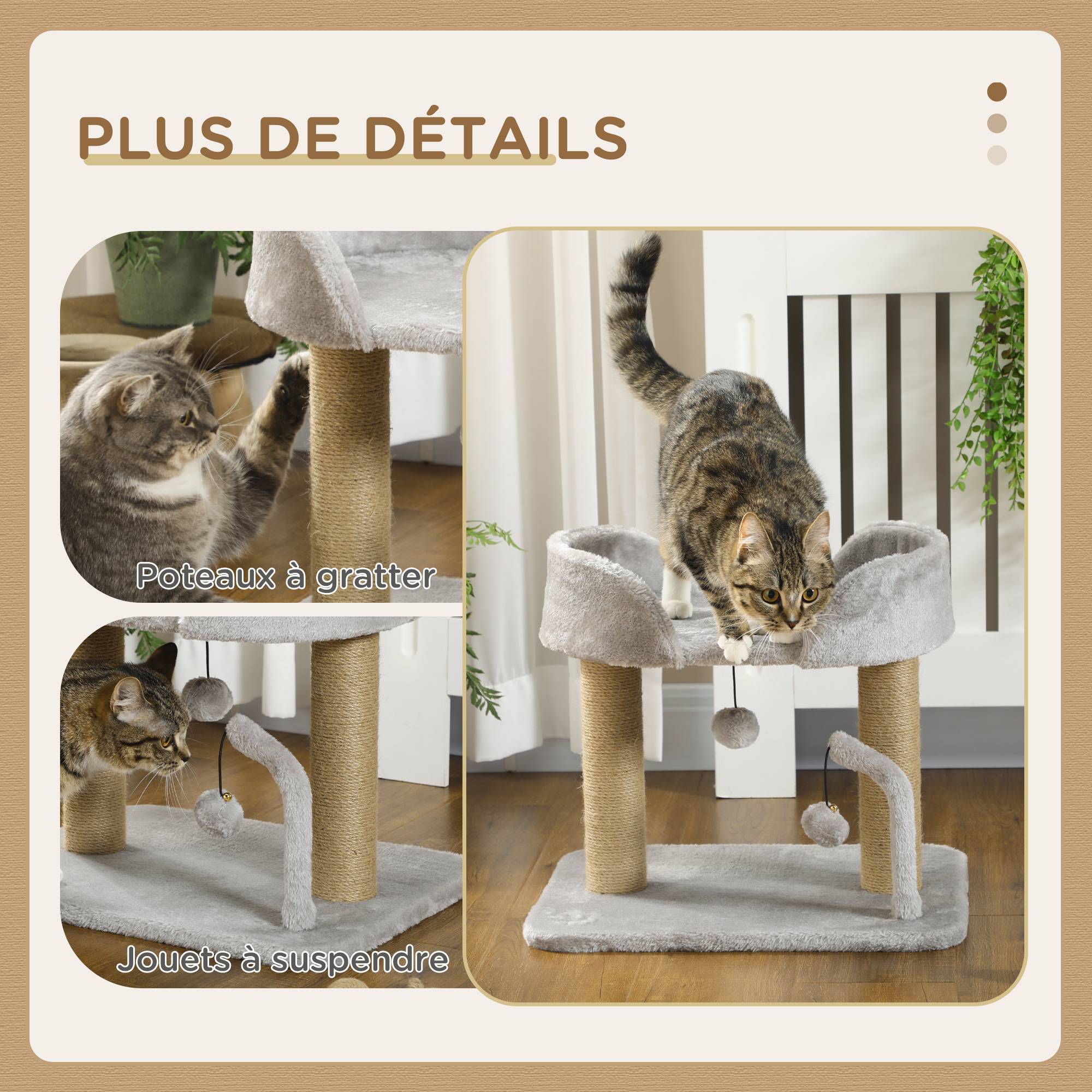 Sans Marque - Arbre à chat design griffoir jouet 2 pompons poteaux jute plateforme peluche 48 x 38 x 42 cm gris - Image 7