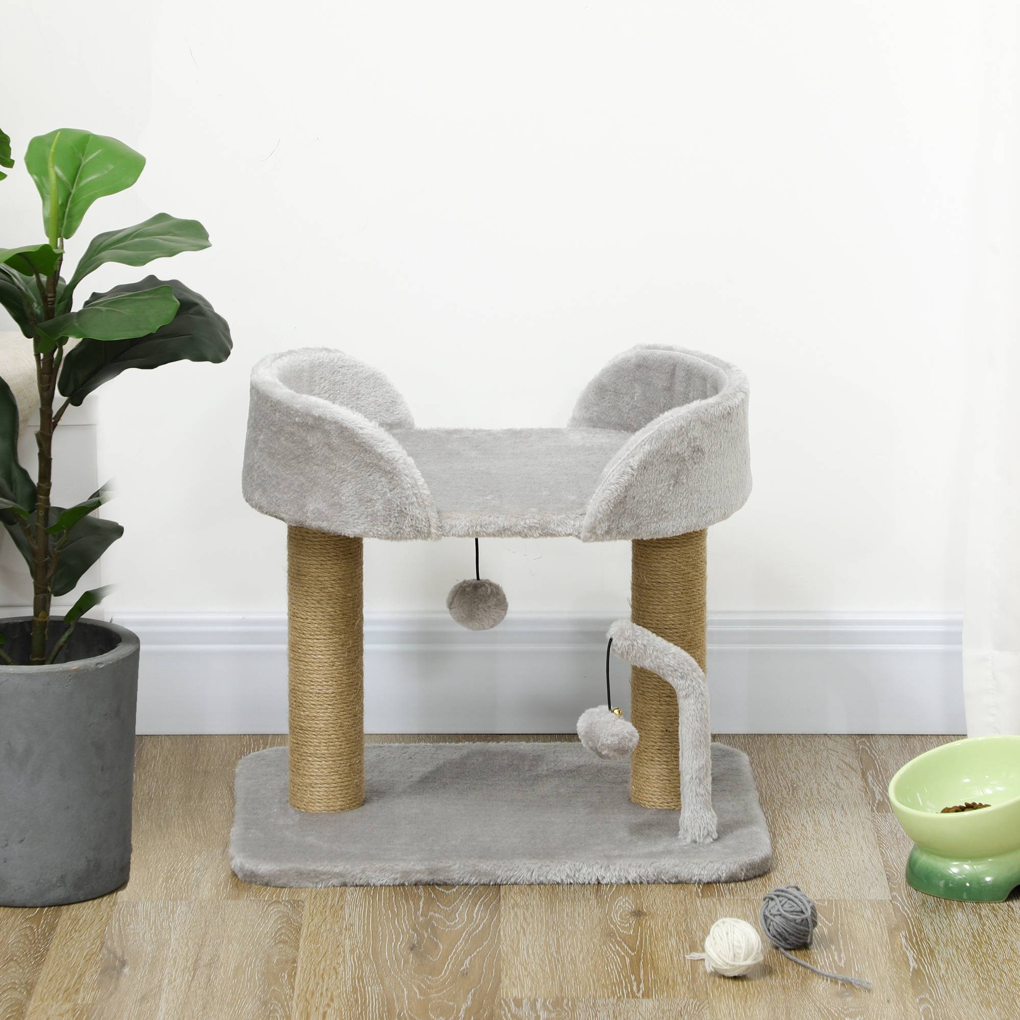 Sans Marque - Arbre à chat design griffoir jouet 2 pompons poteaux jute plateforme peluche 48 x 38 x 42 cm gris - Image 10