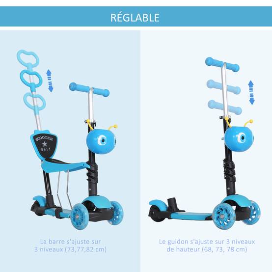 Trottinette Évolutive 5 en 1 pour Enfant, 3 Roues, Selle et Dossier Amovibles, Guidon Réglable, Bleu - Image 8