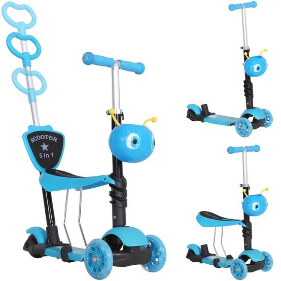 Trottinette Évolutive 5 en 1 pour Enfant, 3 Roues, Selle et Dossier Amovibles, Guidon Réglable, Bleu - Image 1