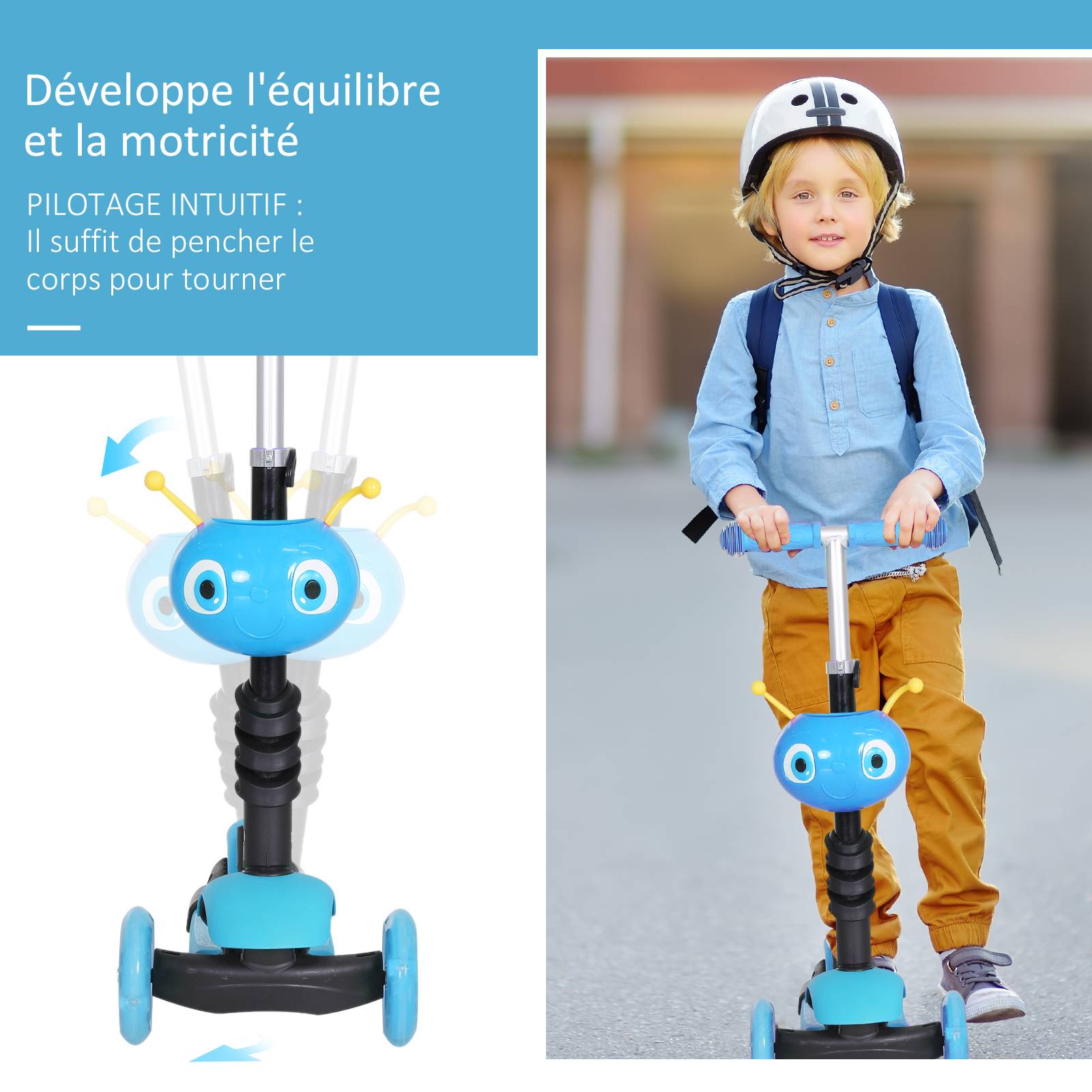 Trottinette Évolutive 5 en 1 pour Enfant, 3 Roues, Selle et Dossier Amovibles, Guidon Réglable, Bleu - Image 6