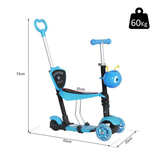 Trottinette Évolutive 5 en 1 pour Enfant, 3 Roues, Selle et Dossier Amovibles, Guidon Réglable, Bleu - Image 5