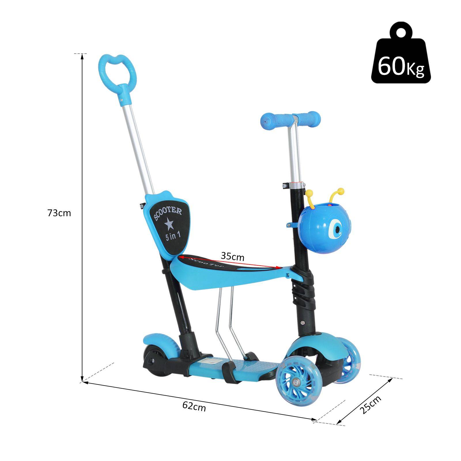 Trottinette Évolutive 5 en 1 pour Enfant, 3 Roues, Selle et Dossier Amovibles, Guidon Réglable, Bleu - Image 5