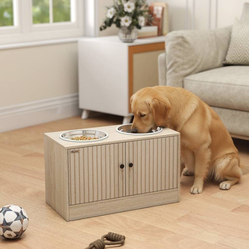 Station d'alimentation surélevée en bois grands chiens avec rangement 60cm chêne - ComfortXL Outdoor Living - Image 1