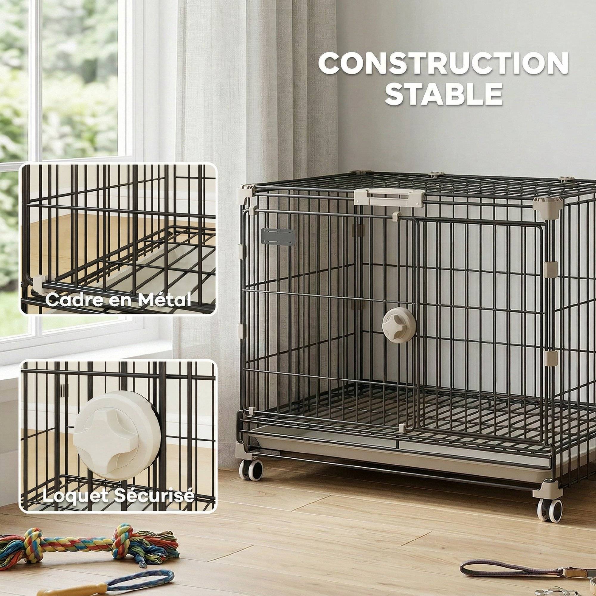 Sans Marque - Cage pour Chien, Plateau Amovible, Roues avec Freins, Toit Ouvrant Verrouillable, 60,5x45,5x54,5cm, Noir - Image 7