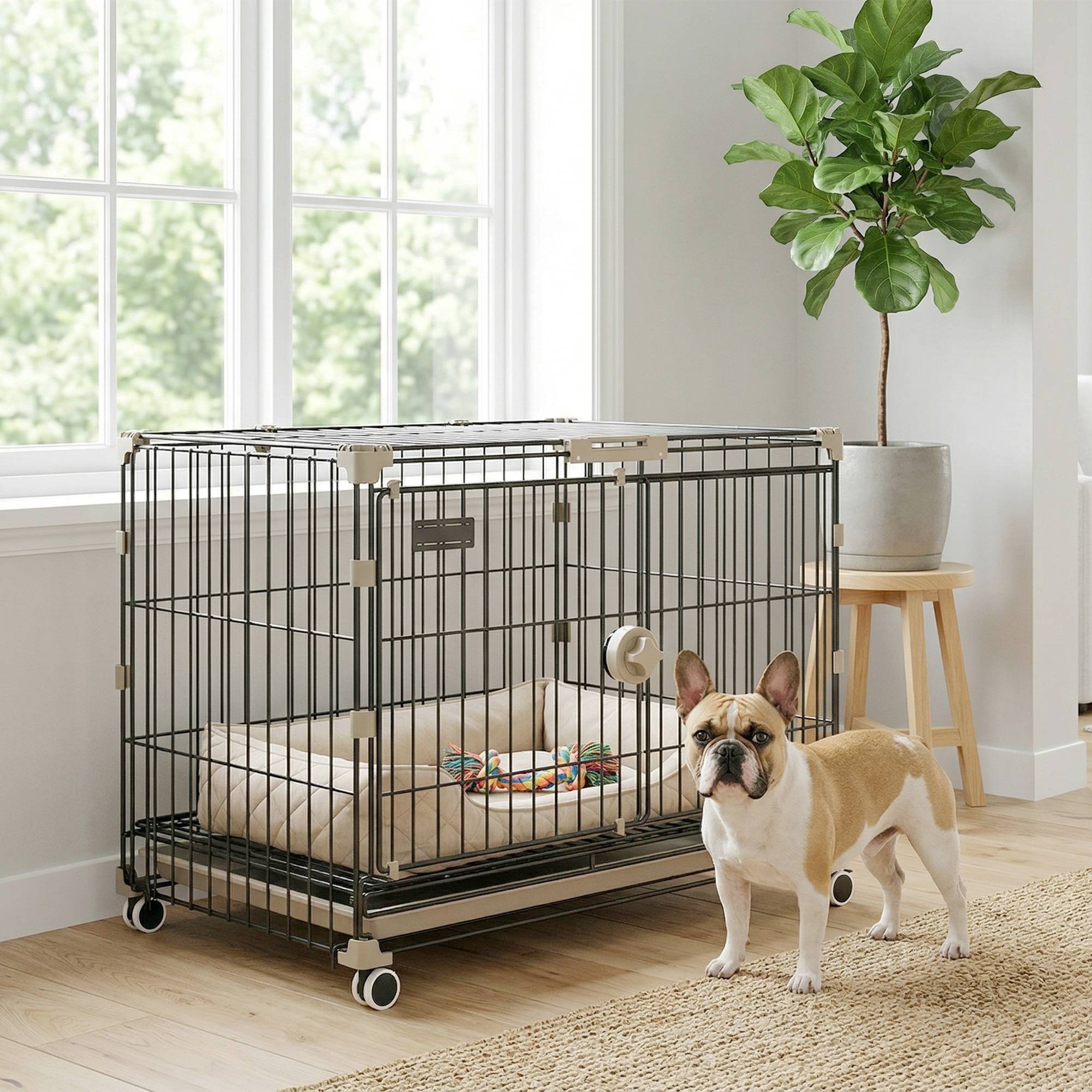 Sans Marque - Cage pour Chien, Plateau Amovible, Roues avec Freins, Toit Ouvrant Verrouillable, 60,5x45,5x54,5cm, Noir - Image 10
