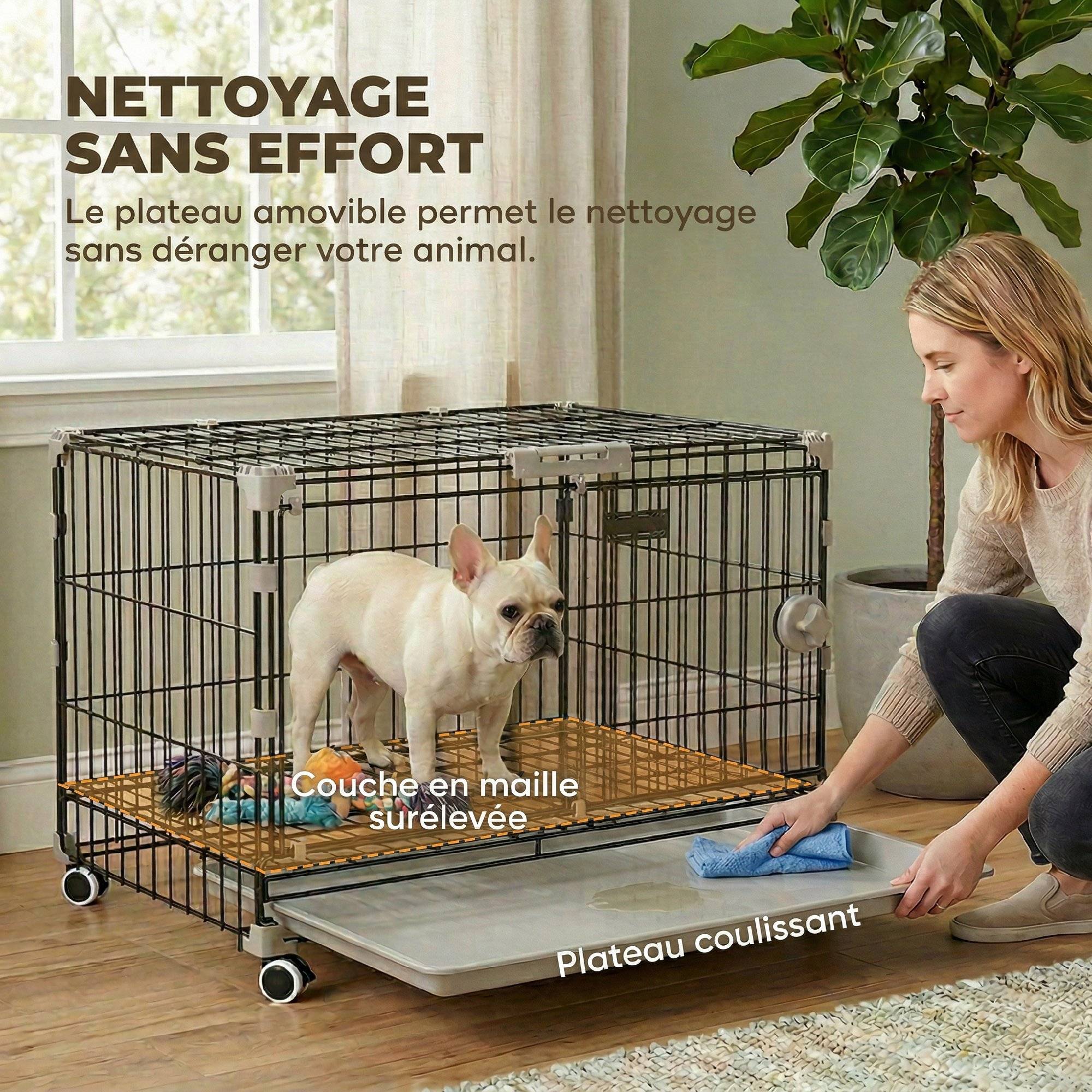 Sans Marque - Cage pour Chien, Plateau Amovible, Roues avec Freins, Toit Ouvrant Verrouillable, 60,5x45,5x54,5cm, Noir - Image 9