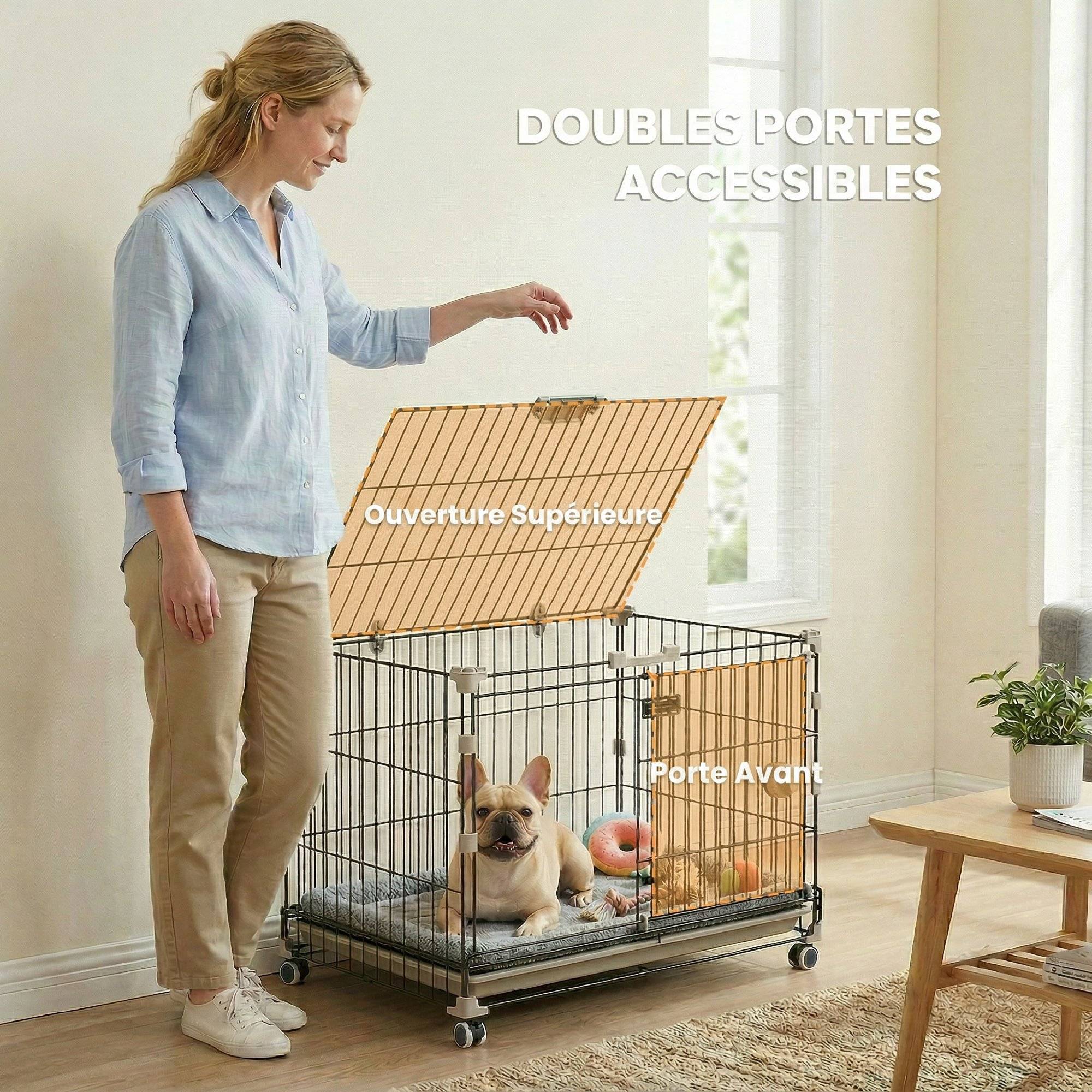 Sans Marque - Cage pour Chien, Plateau Amovible, Roues avec Freins, Toit Ouvrant Verrouillable, 60,5x45,5x54,5cm, Noir - Image 8
