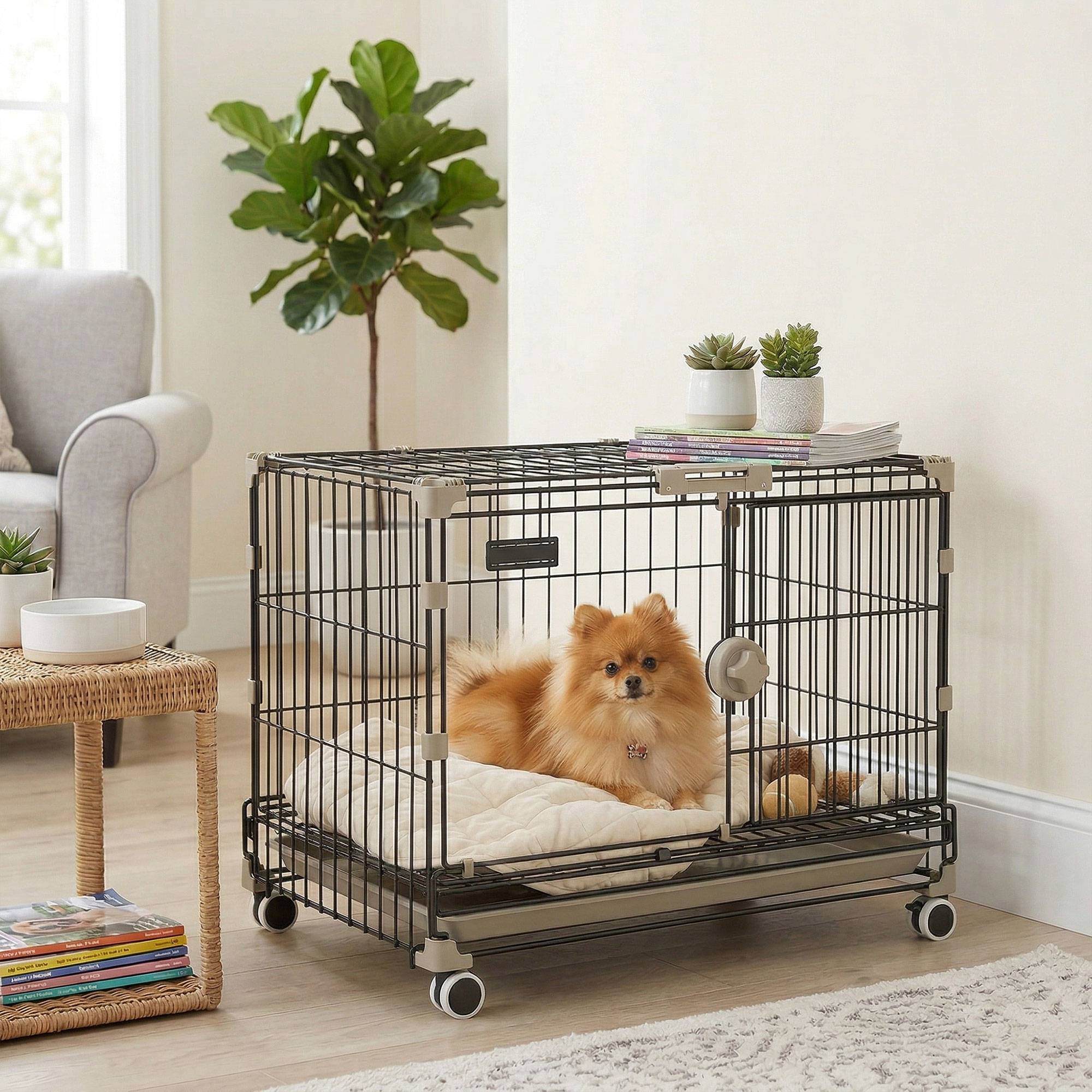 Sans Marque - Cage pour Chien, Plateau Amovible, Roues avec Freins, Toit Ouvrant Verrouillable, 60,5x45,5x54,5cm, Noir - Image 3