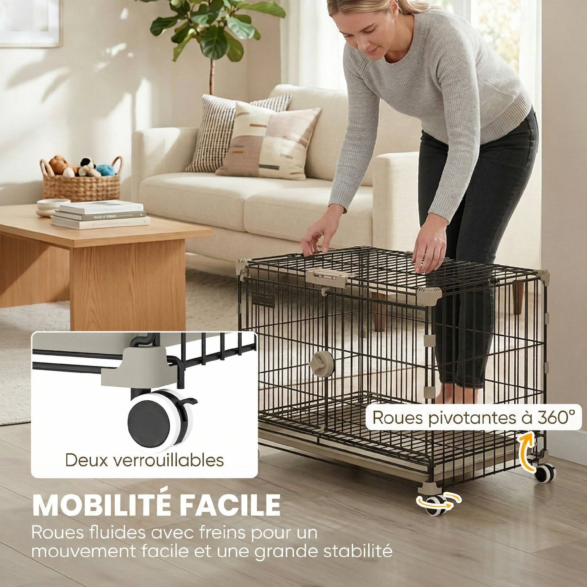 Sans Marque - Cage pour Chien, Plateau Amovible, Roues avec Freins, Toit Ouvrant Verrouillable, 60,5x45,5x54,5cm, Noir - Image 6