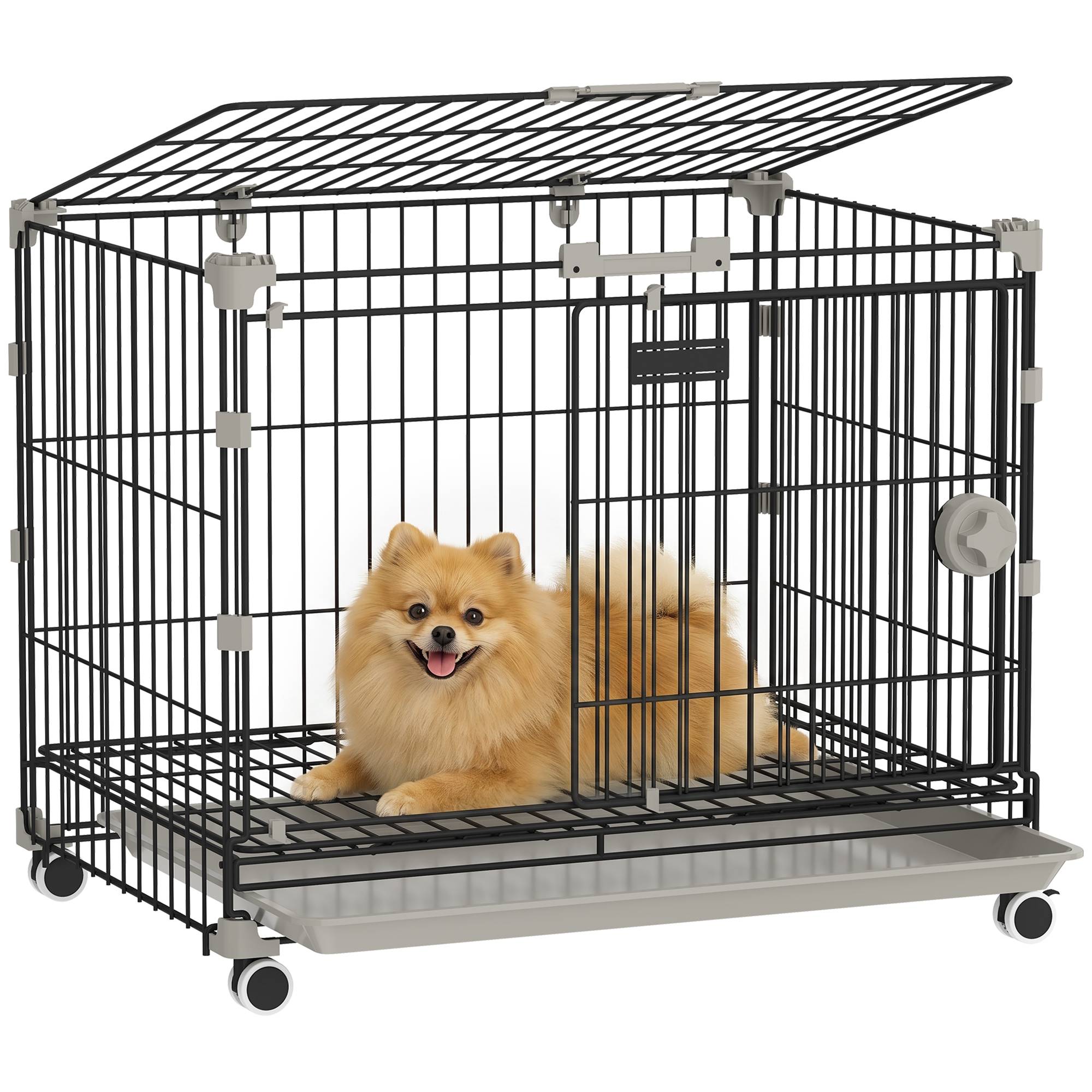 Sans Marque - Cage pour Chien, Plateau Amovible, Roues avec Freins, Toit Ouvrant Verrouillable, 60,5x45,5x54,5cm, Noir - Image 1