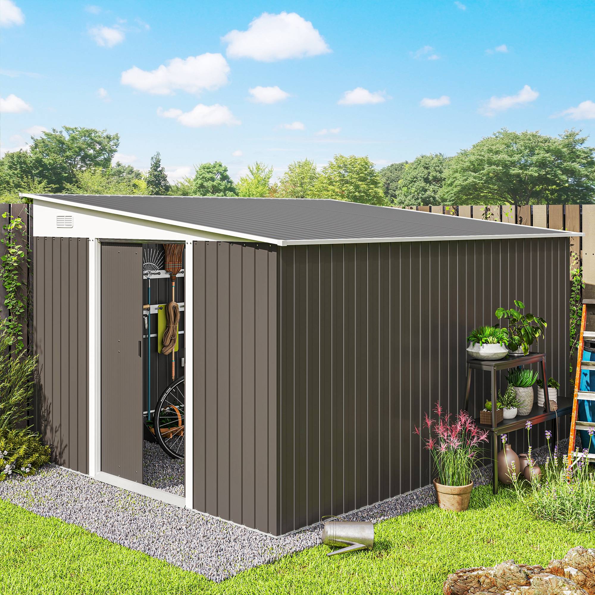 Abri de jardin métal toit pente double porte verrouillable 2,8x3,45x2,01 m gris, cabanon robuste jardin - Image 4