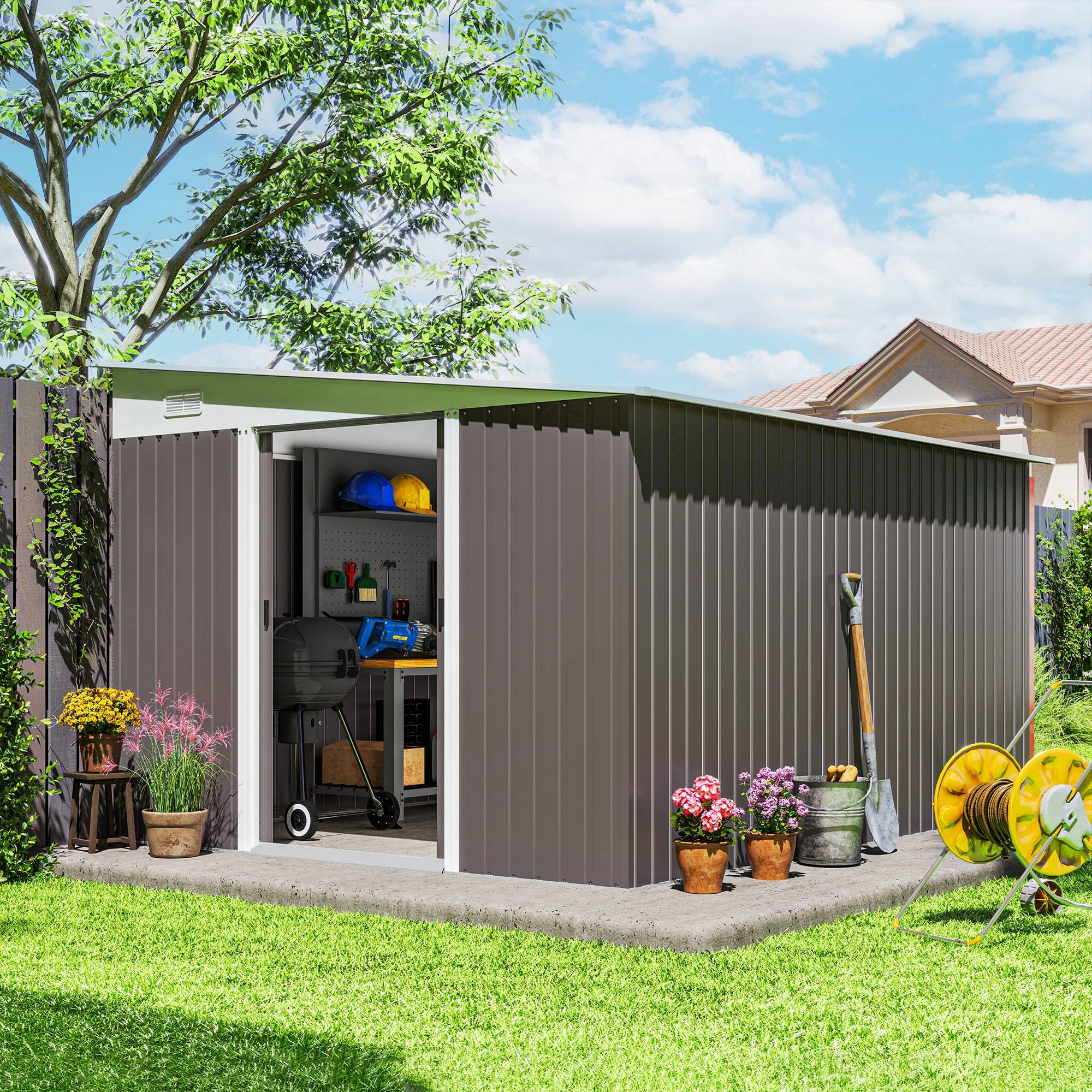 Abri de jardin métal toit pente double porte verrouillable 2,8x3,45x2,01 m gris, cabanon robuste jardin - Image 3