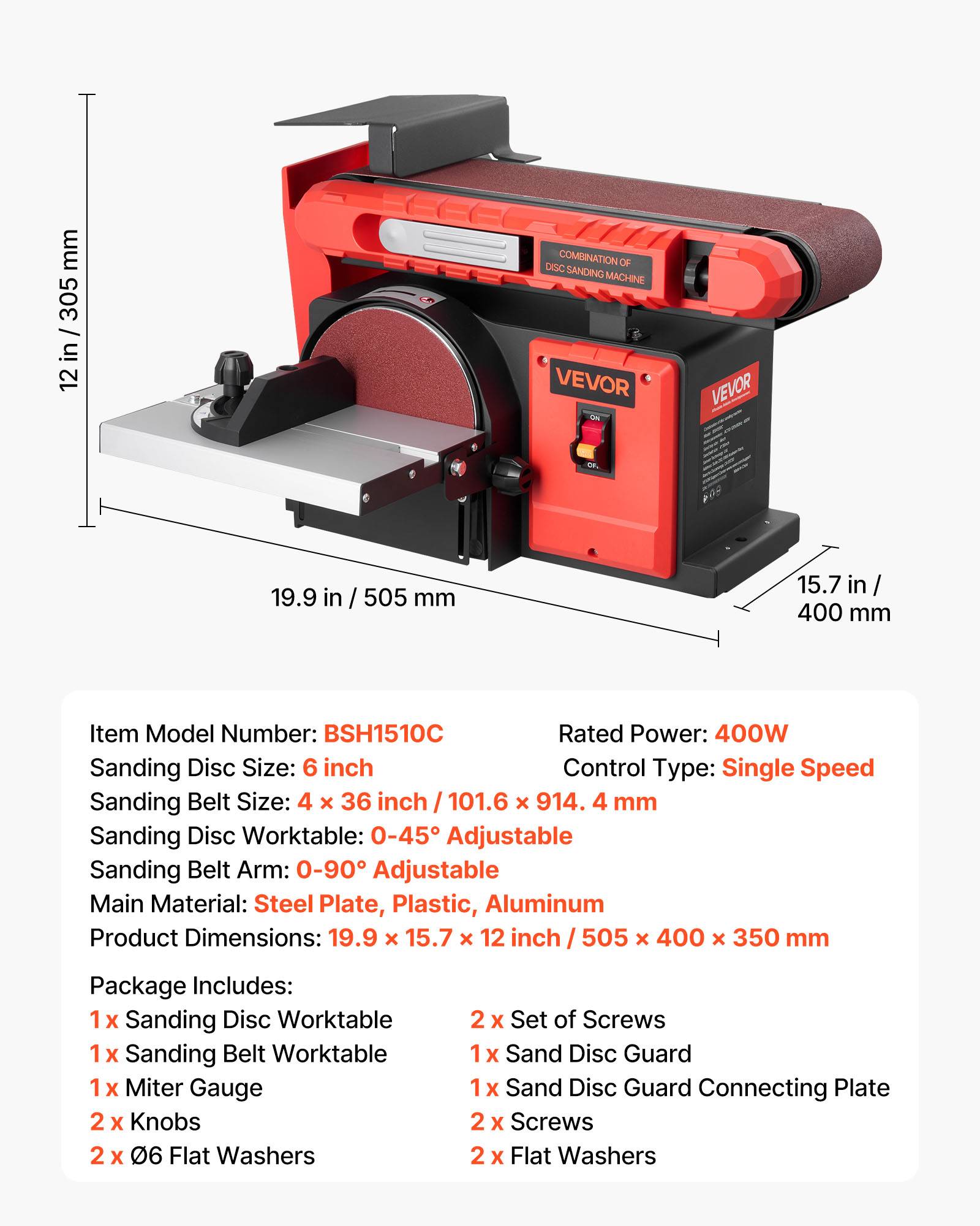 Vevor - VEVOR ponceuse combinée bande et disque 400 W, bande 101,6x914,4 mm réglable 0–90°, disque 152,4 mm, table inclinable 0–45°, port poussières. - Image 6