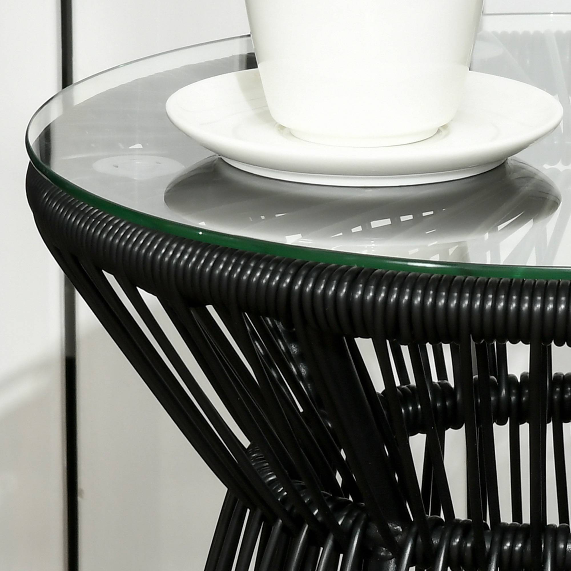 Table de jardin ronde en résine tressée imitation rotin table de bistrot métal plateau verre trempé Ø 40 x 42 cm noir - Image 9