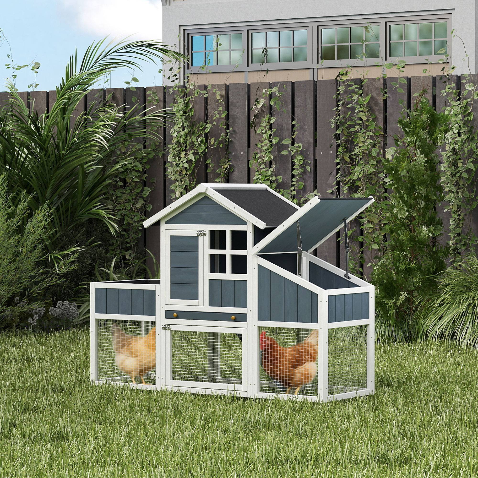 Poulailler en Bois Sapin pour 3 Poules avec Nichoir et Enclos 162x63x115cm Gris - ComfortXL Outdoor Living - Image 3