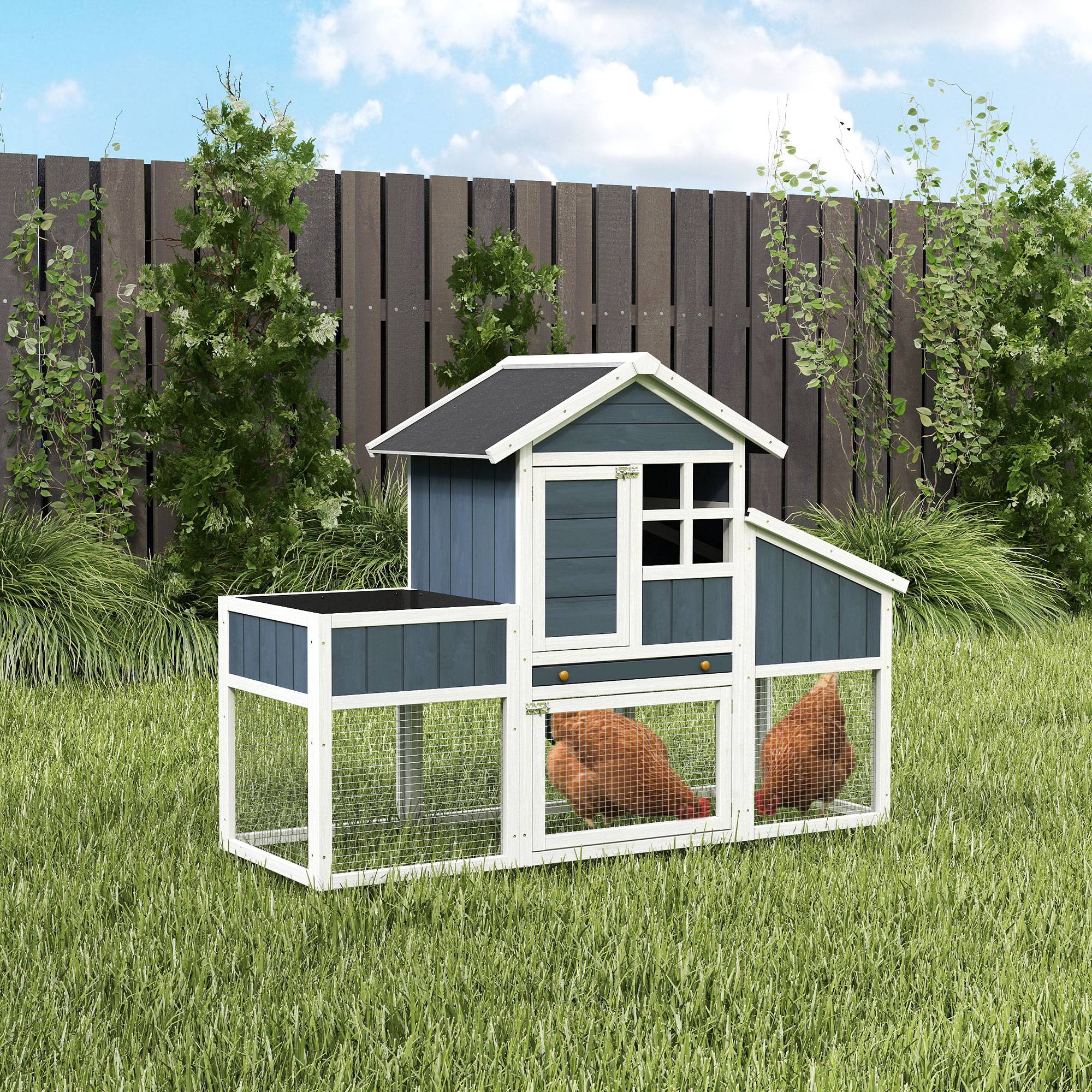 Poulailler en Bois Sapin pour 3 Poules avec Nichoir et Enclos 162x63x115cm Gris - ComfortXL Outdoor Living - Image 4