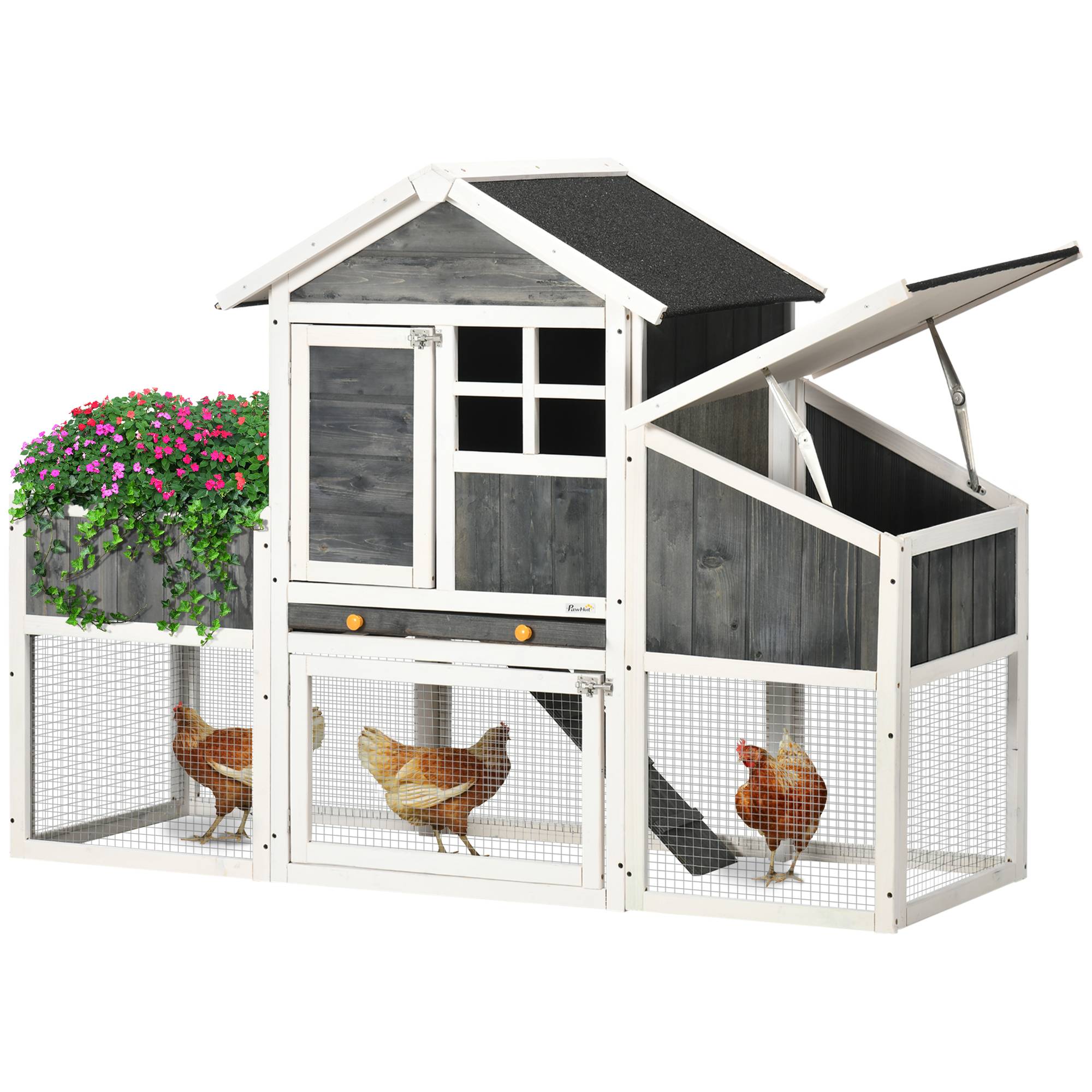 Poulailler en Bois Sapin pour 3 Poules avec Nichoir et Enclos 162x63x115cm Gris - ComfortXL Outdoor Living - Image 1