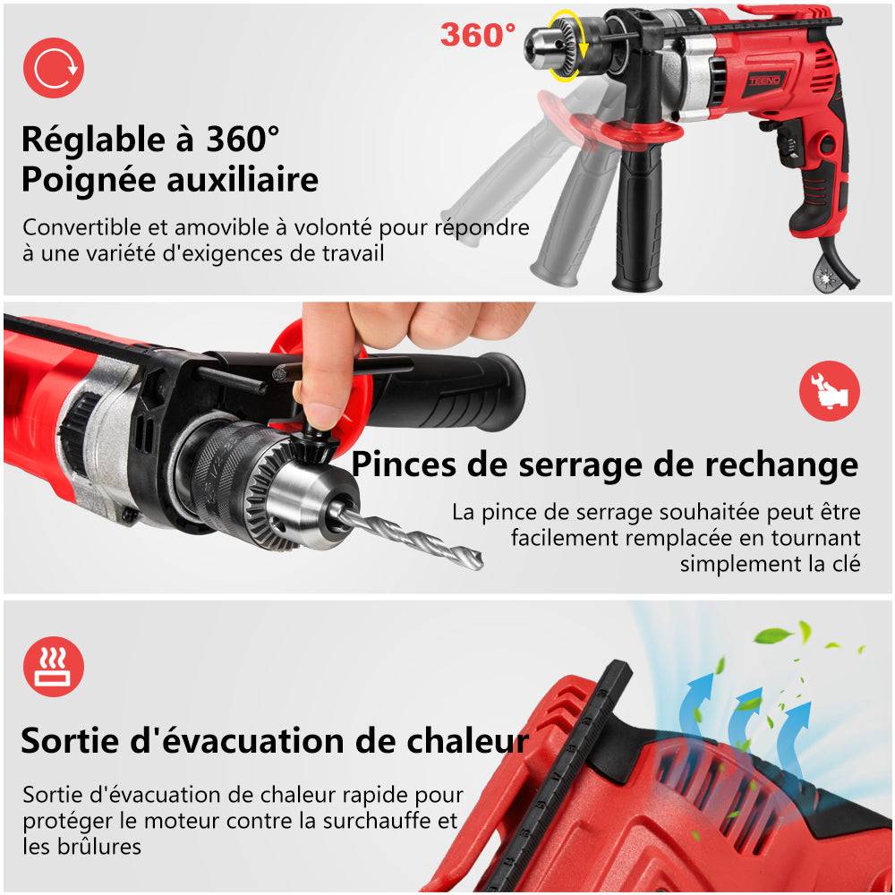 Perceuse Électrique à Percussion 910W, Perceuse à Percussion électrique 0-3000 RPM, Mandrin 13mm - Image 4