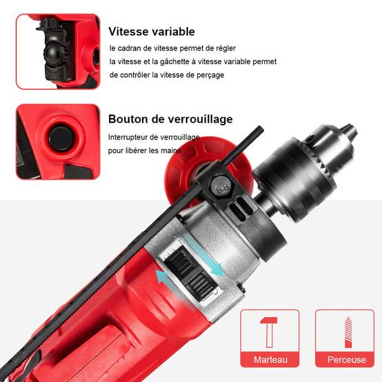 Perceuse Électrique à Percussion 910W, Perceuse à Percussion électrique 0-3000 RPM, Mandrin 13mm - Image 5
