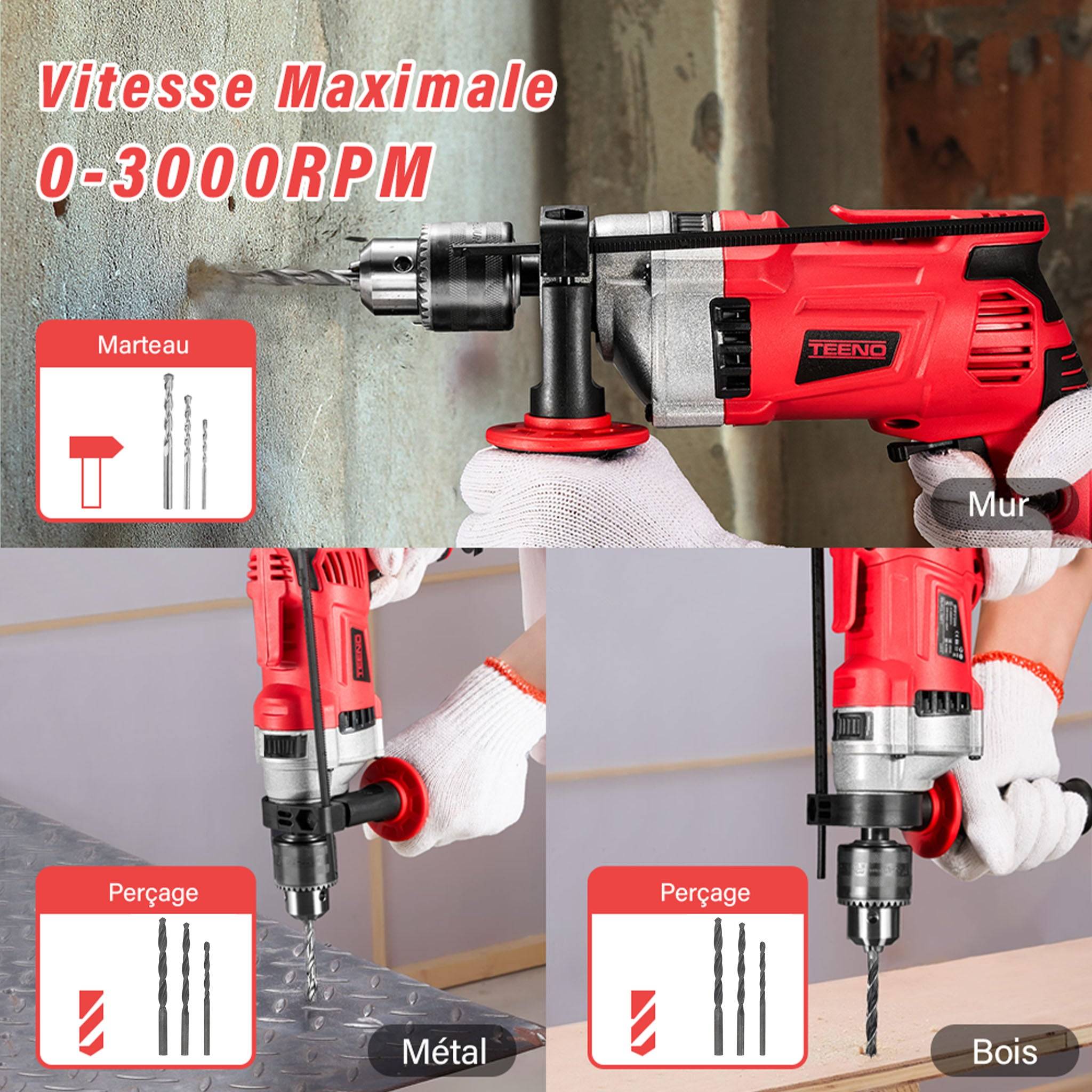 Perceuse Électrique à Percussion 910W, Perceuse à Percussion électrique 0-3000 RPM, Mandrin 13mm - Image 6
