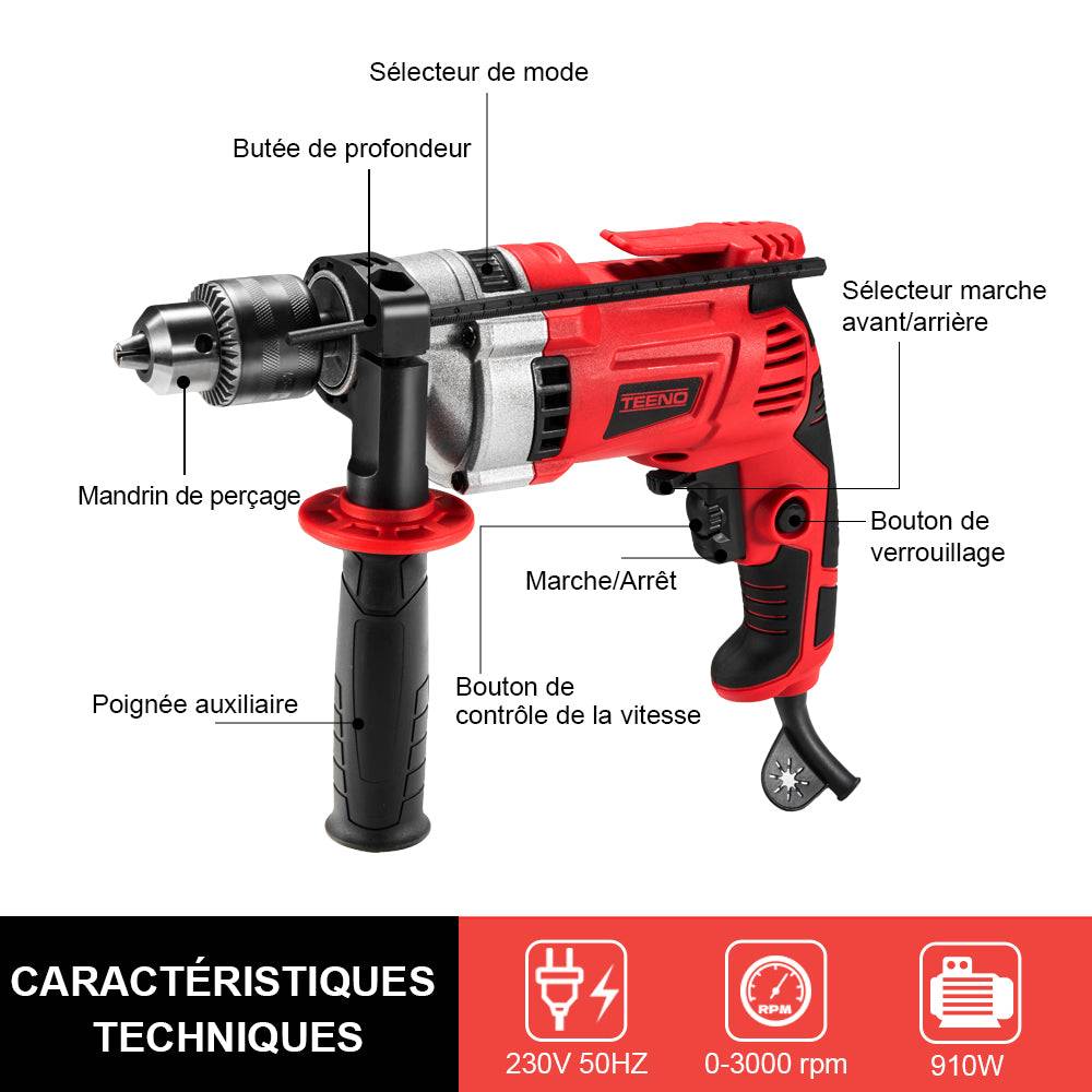 Perceuse Électrique à Percussion 910W, Perceuse à Percussion électrique 0-3000 RPM, Mandrin 13mm - Image 2