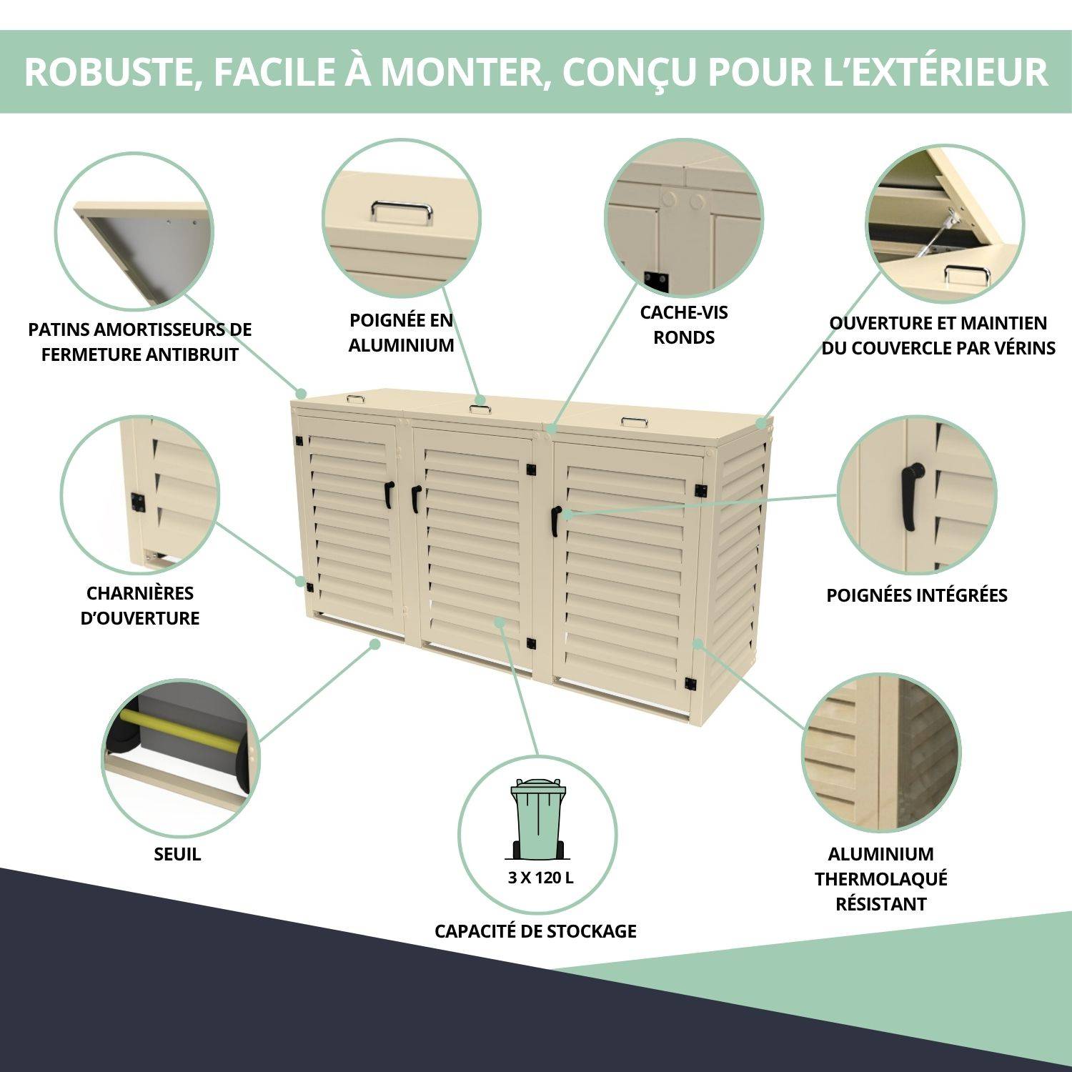 Cache Poubelle Extérieur Triple en Aluminium thermolaqué - Abri pour 3 conteneurs 120 Litres – Crème RAL 1015 - Image 5