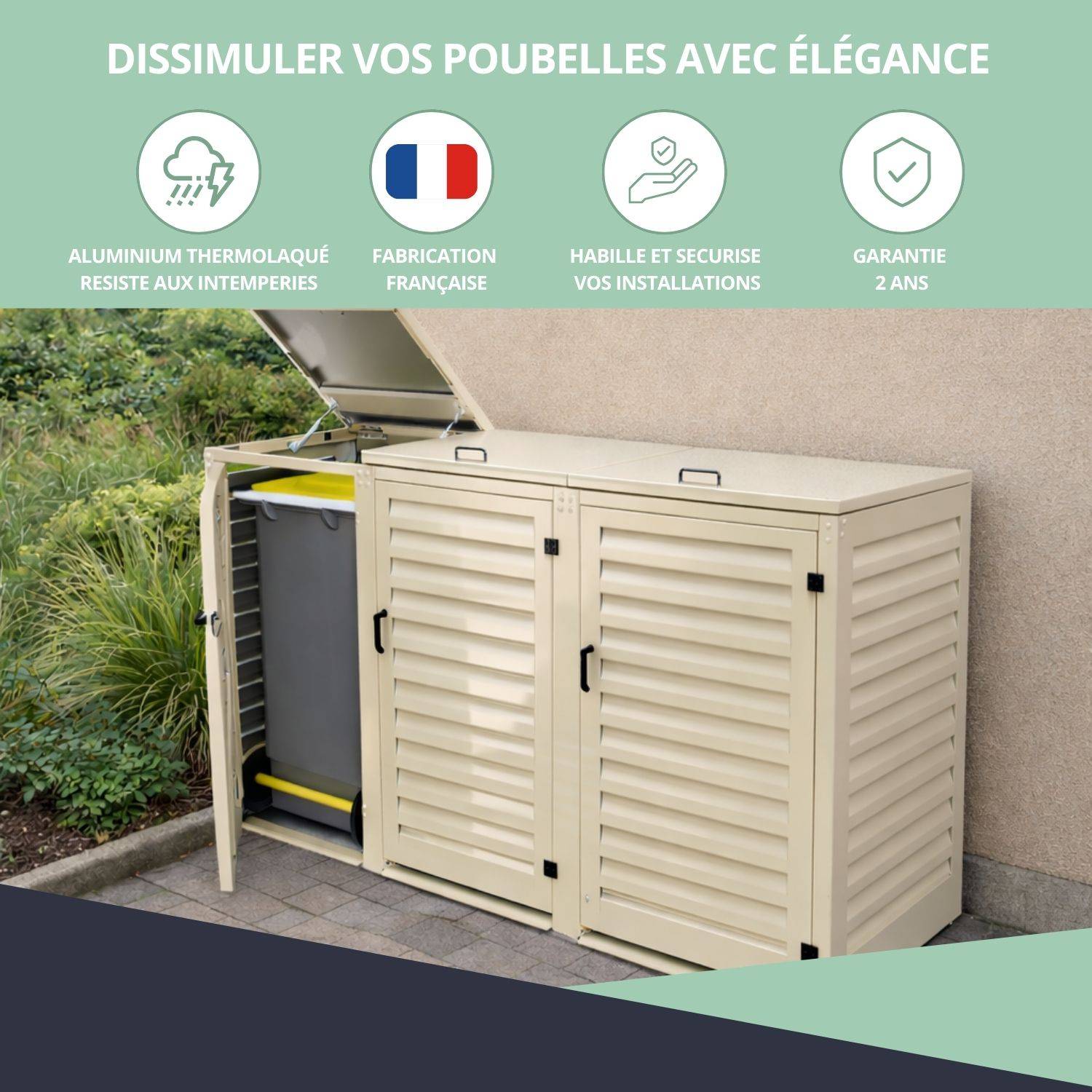 Cache Poubelle Extérieur Triple en Aluminium thermolaqué - Abri pour 3 conteneurs 120 Litres – Crème RAL 1015 - Image 7