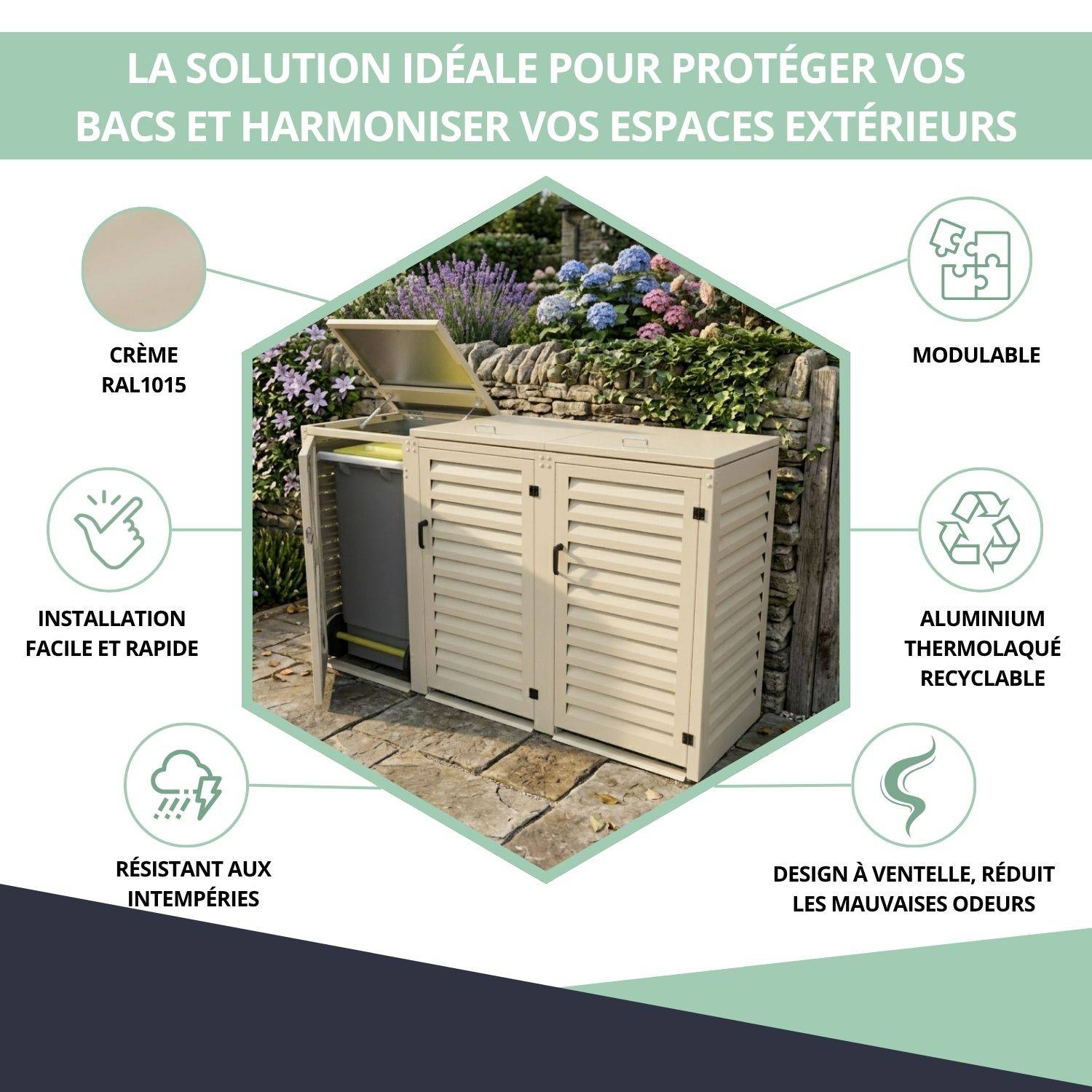 Cache Poubelle Extérieur Triple en Aluminium thermolaqué - Abri pour 3 conteneurs 120 Litres – Crème RAL 1015 - Image 2