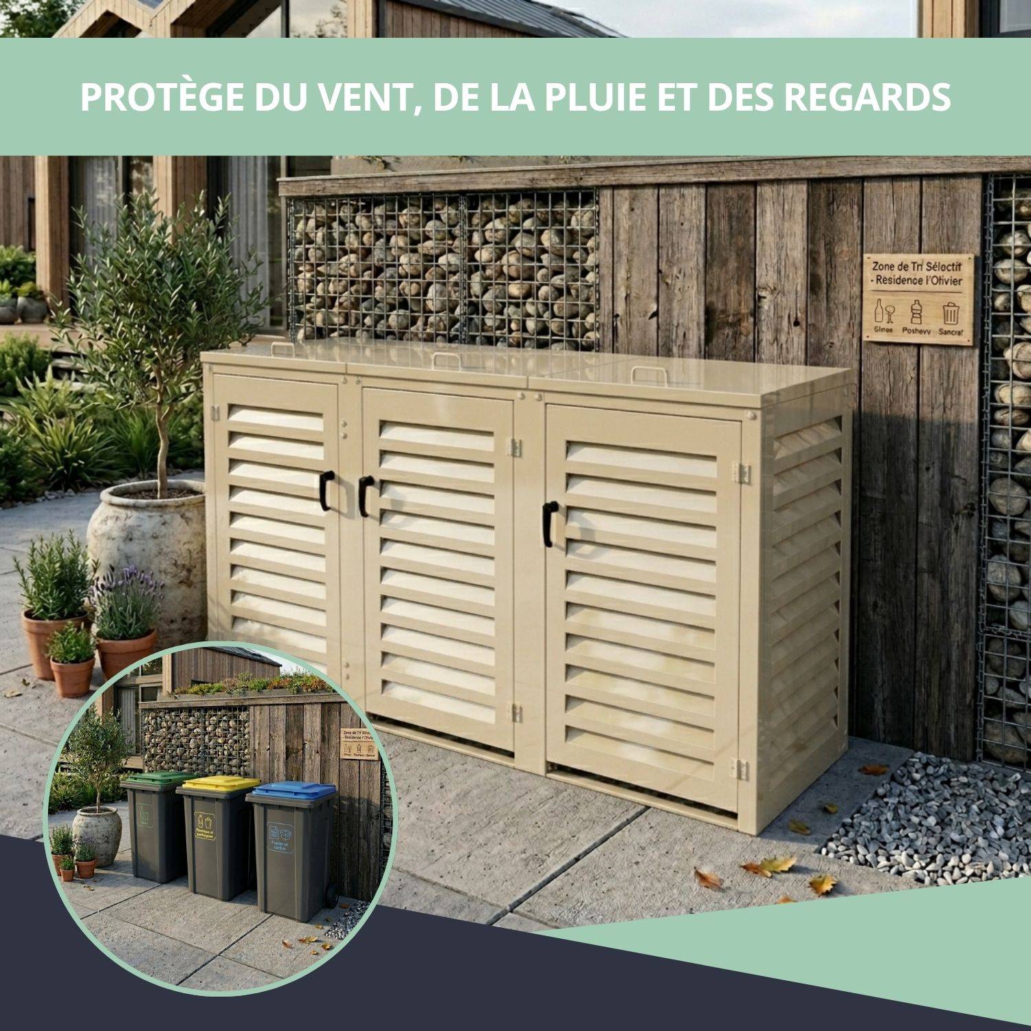 Cache Poubelle Extérieur Triple en Aluminium thermolaqué - Abri pour 3 conteneurs 120 Litres – Crème RAL 1015 - Image 4
