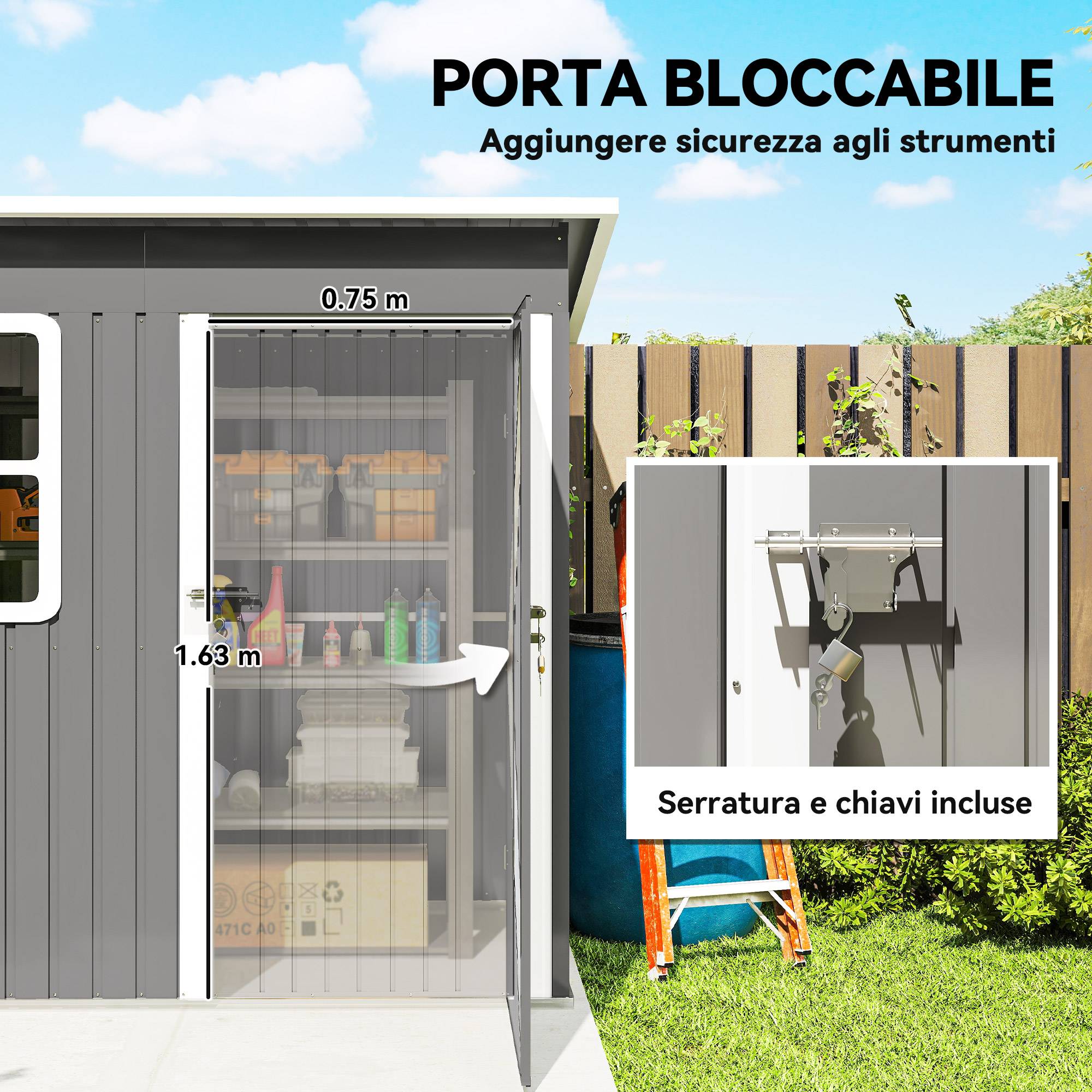 Abri de jardin en acier avec porte verrouillable, fenêtre et aérations, 2,2 x 1,3 m, gris - Image 7