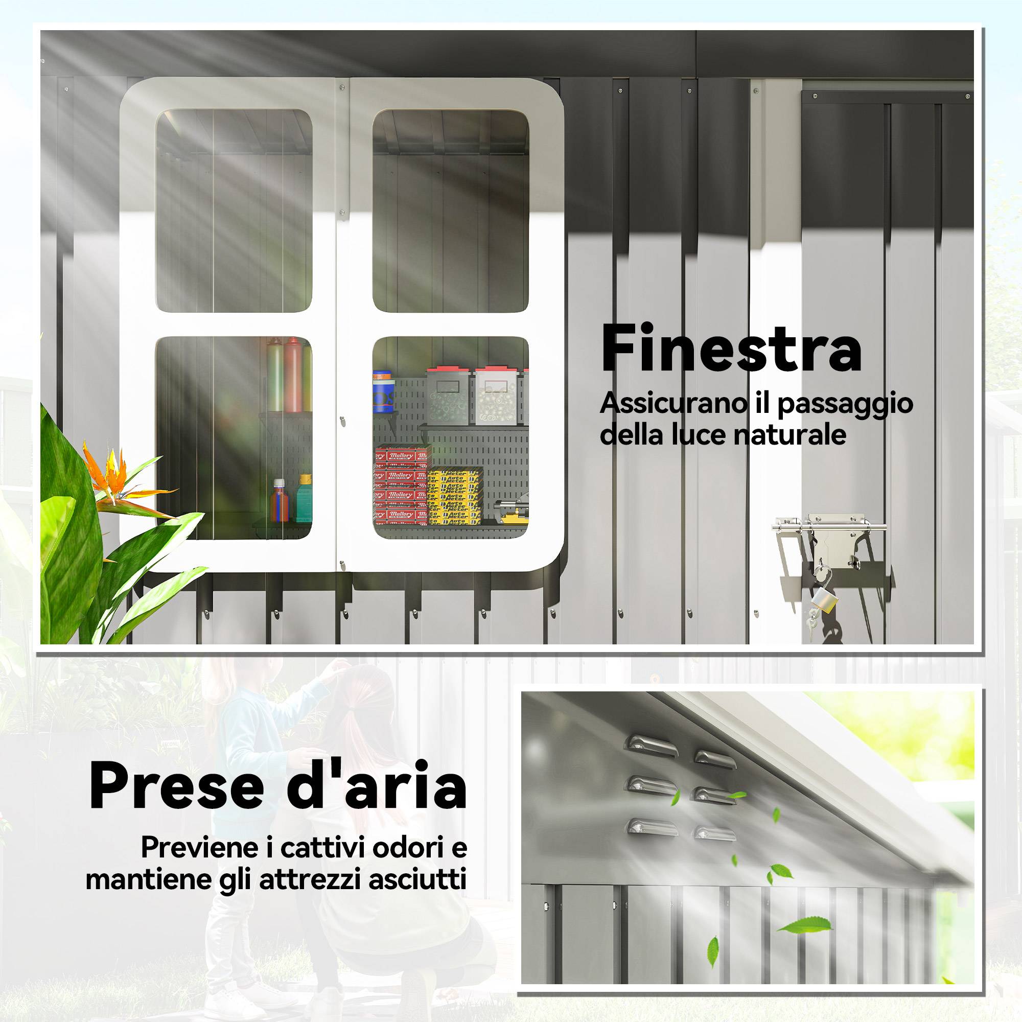 Abri de jardin en acier avec porte verrouillable, fenêtre et aérations, 2,2 x 1,3 m, gris - Image 6