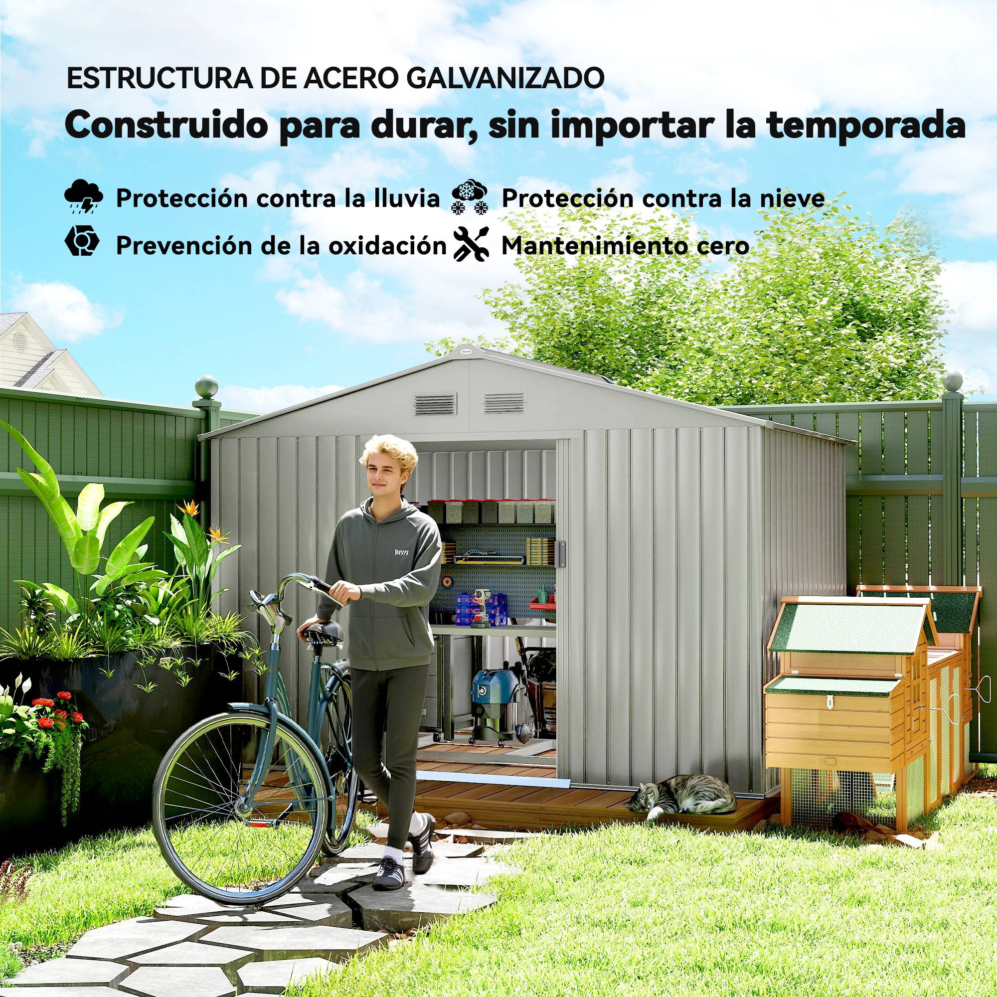 Abri de jardin extérieur 4,9 m² (277 x 195 x 192 cm) avec porte coulissante, ventilation et kit de fondation, gris - Image 6