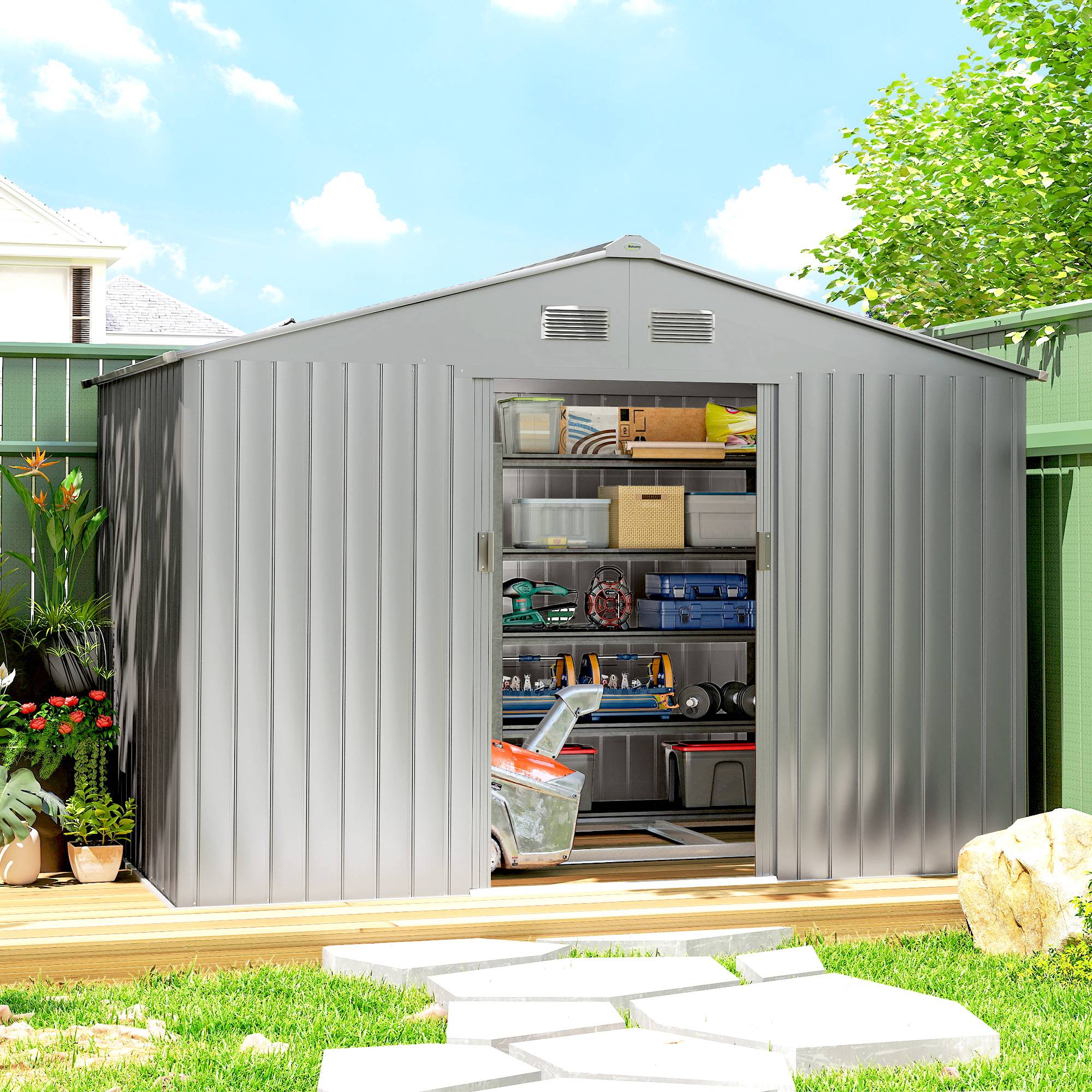 Abri de jardin extérieur 4,9 m² (277 x 195 x 192 cm) avec porte coulissante, ventilation et kit de fondation, gris - Image 3