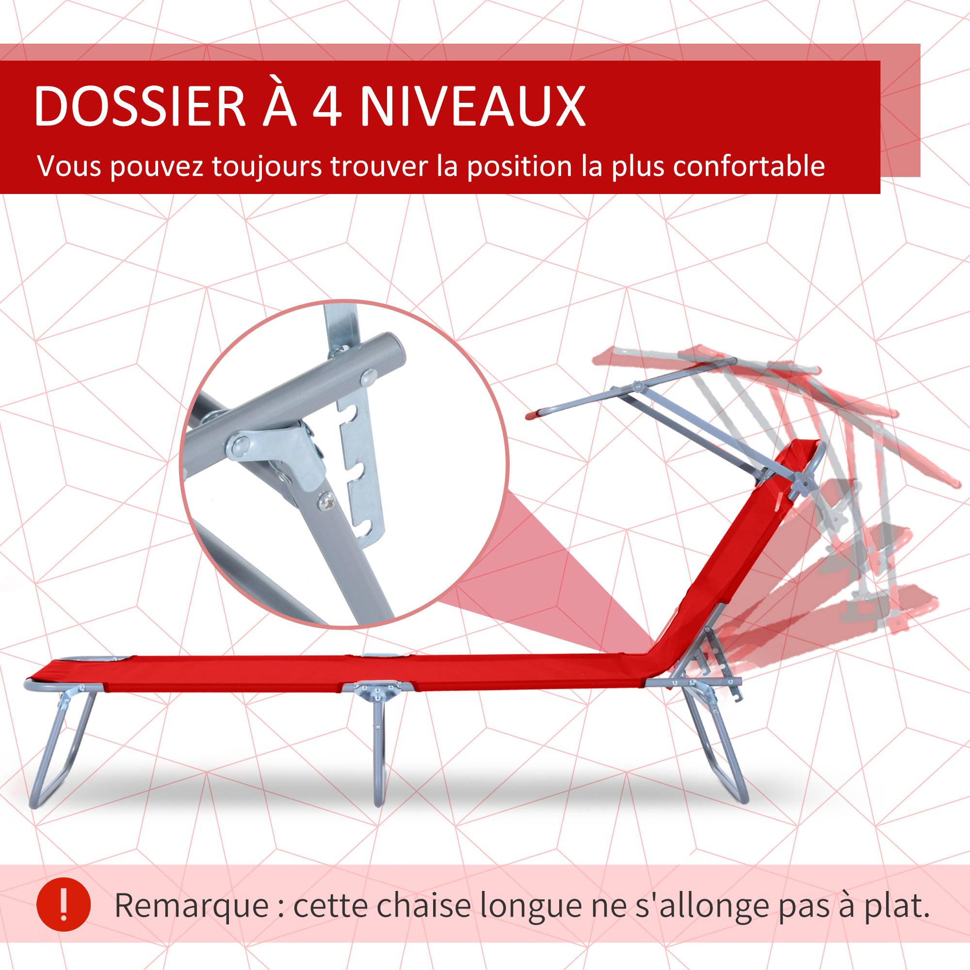 Transat Bain de Soleil Pliable Chaise Longue Grand Confort - 187x58x36cm Métal Rouge fr577 - Image 6