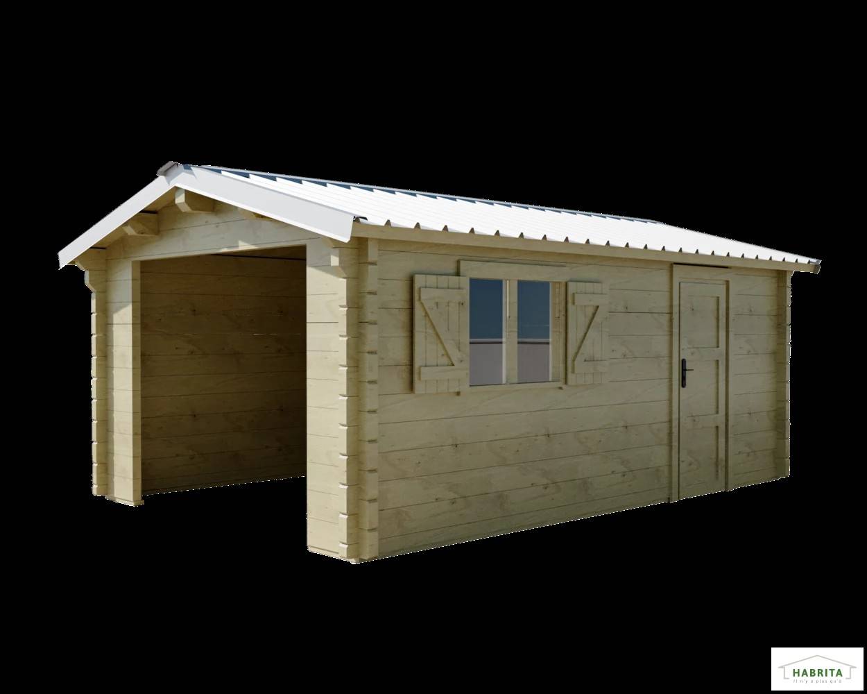 Habrita - Garage madriers - 80 mm - Surface extérieure 25,83 m2 - Couverture Bardeaux verriers bitumés - Porte de garage battante en bois - Image 1
