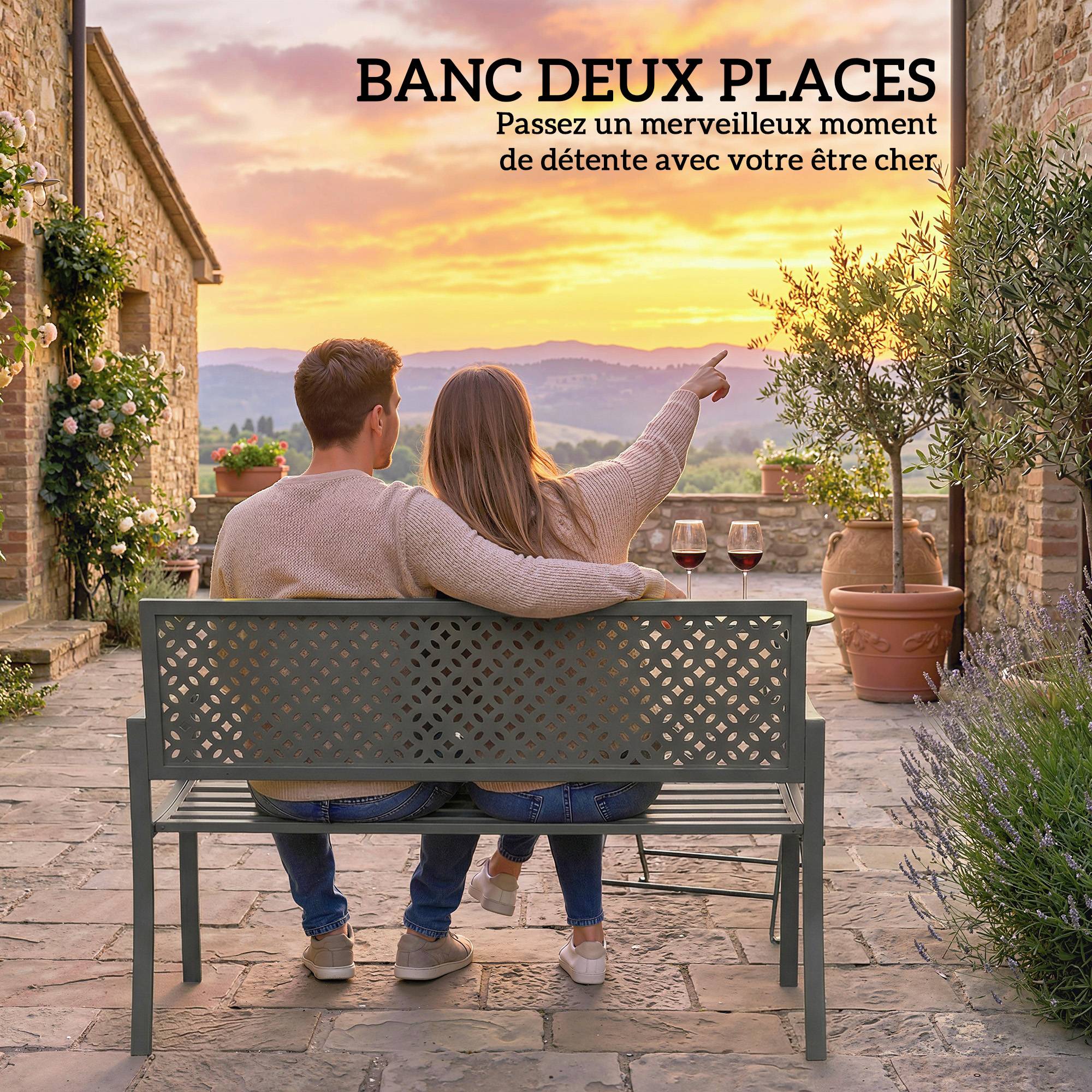 Sans Marque - Banc d'extérieur en métal, 2 places, avec dossier géométrique antirouille et accoudoirs, gris foncé - Image 7